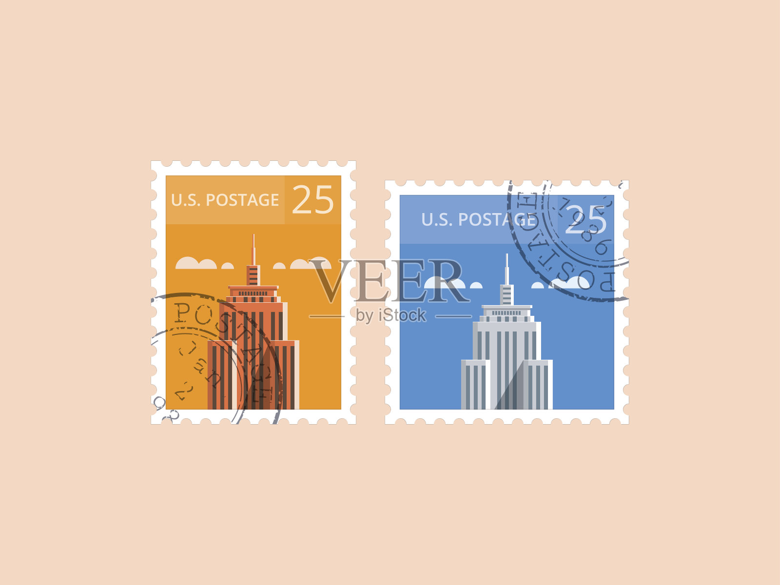 美国邮票，水平和方形形状插画图片素材