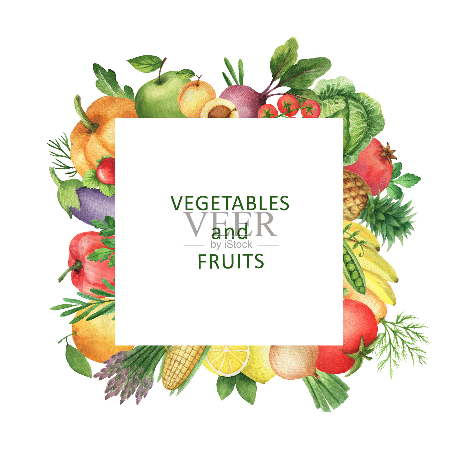 水彩蔬菜和水果的方形框架。插画图片素材
