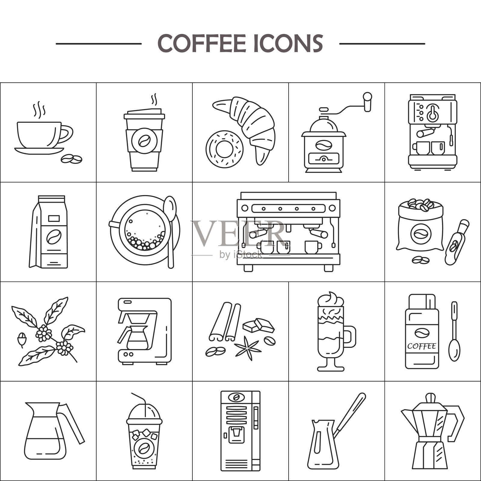 咖啡制作设备的矢量线图标。咖啡用具图标素材