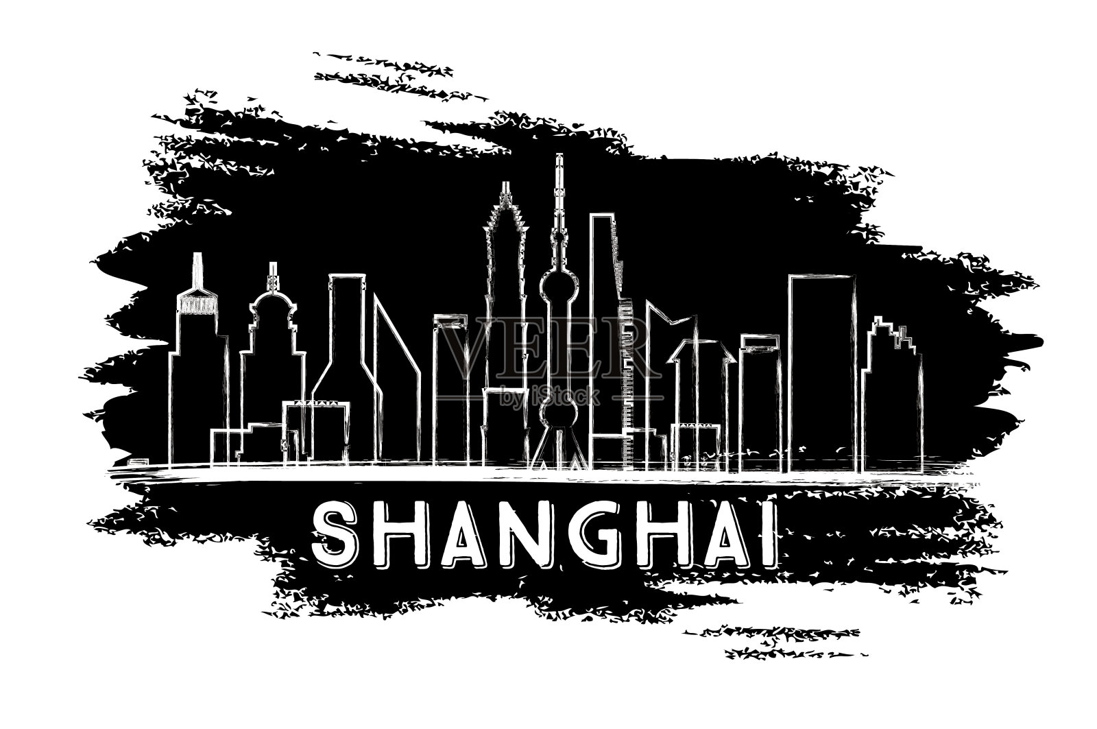 上海天际线轮廓。手绘草图。插画图片素材