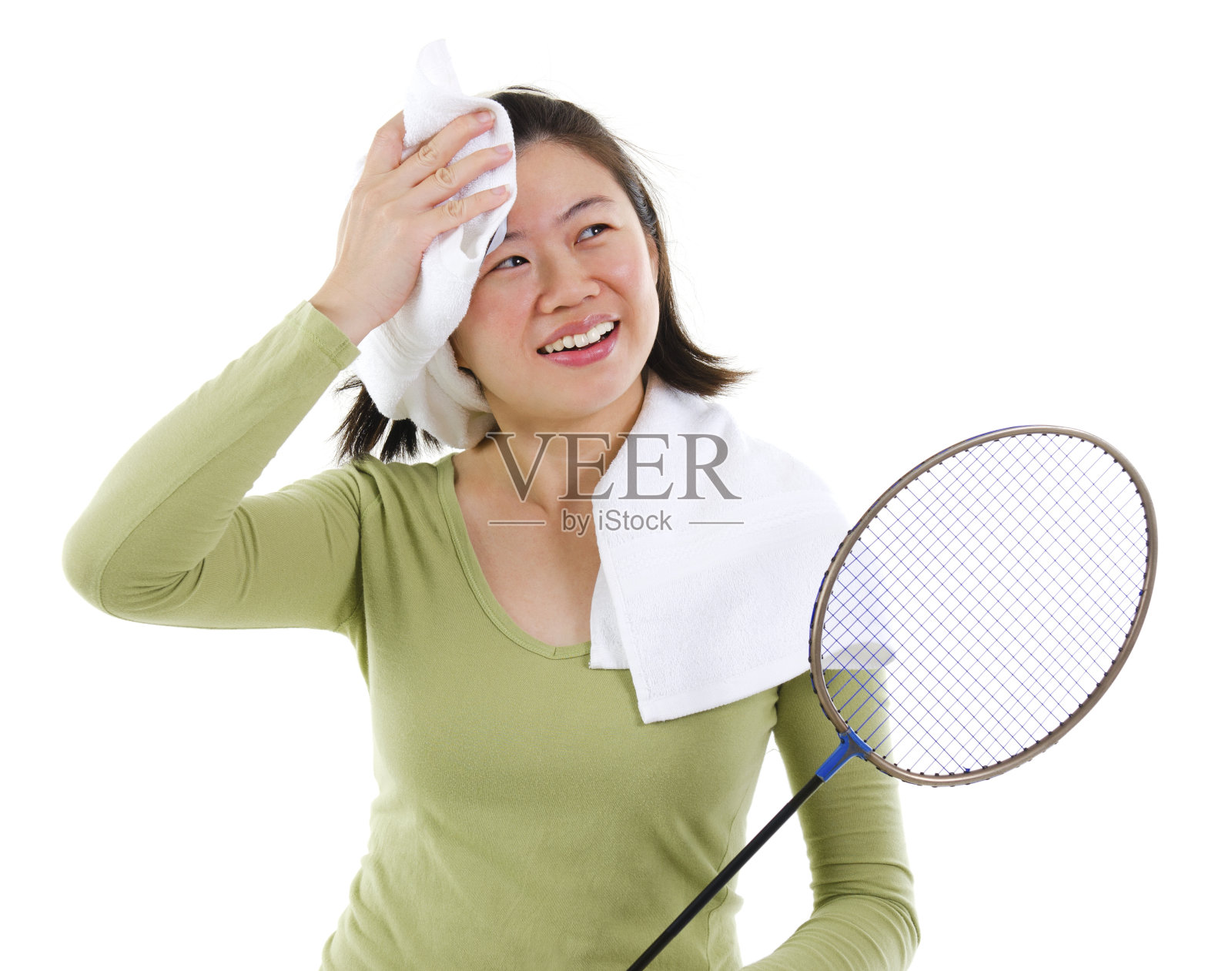 亚洲女性打羽毛球后出汗照片摄影图片
