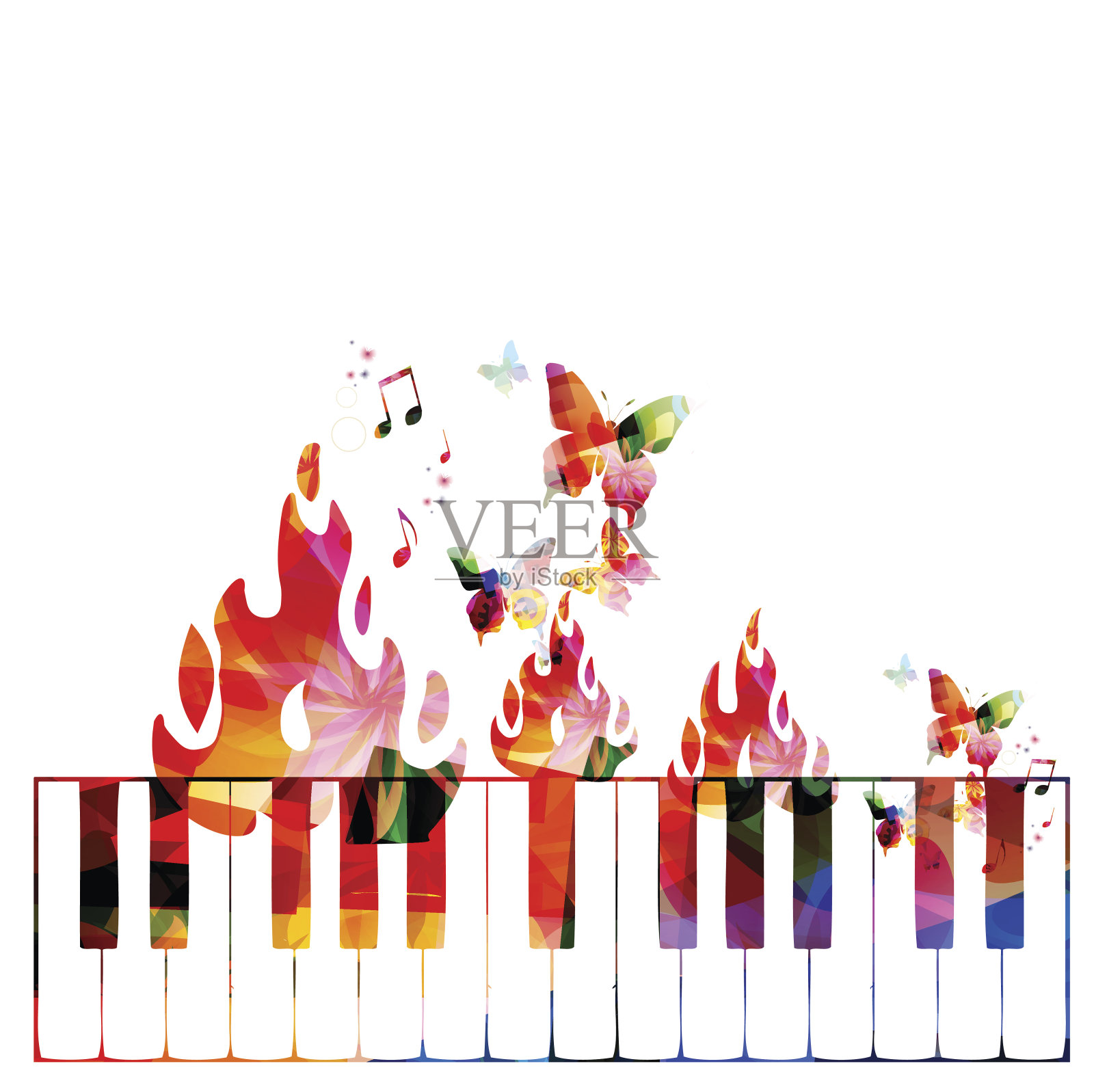 创意音乐概念矢量插图，乐器，钢琴键盘火设计元素图片