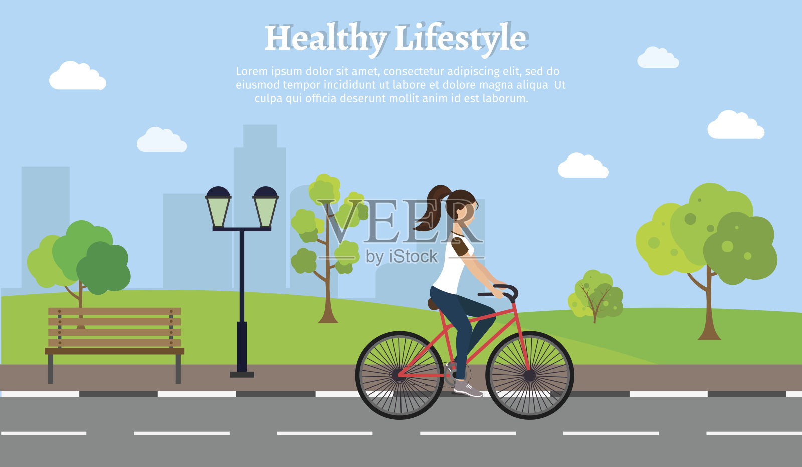 女性健身自行车设置矢量插图生活方式城市景观背景插画图片素材