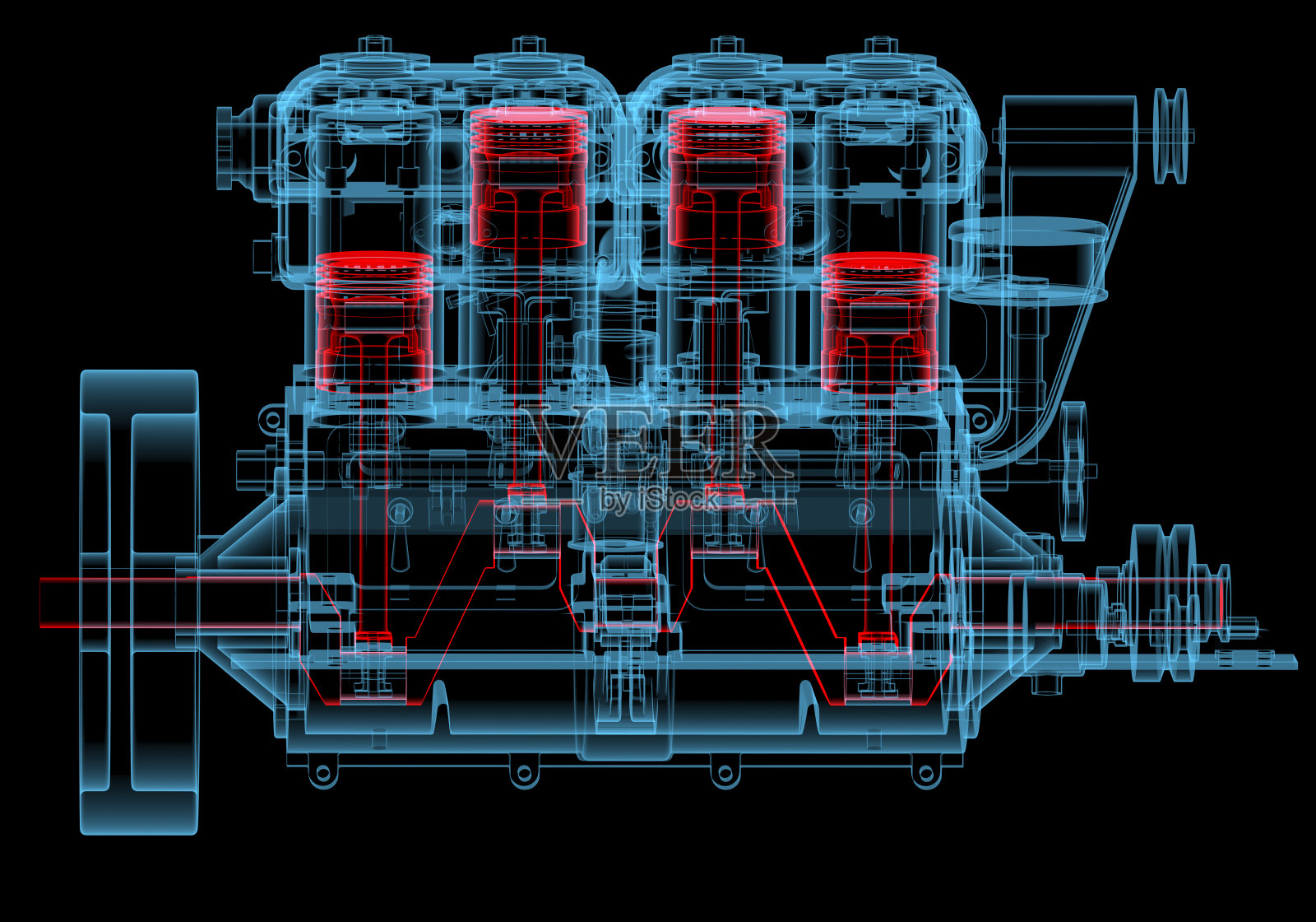内燃机(3D x射线红色和蓝色透明)照片摄影图片