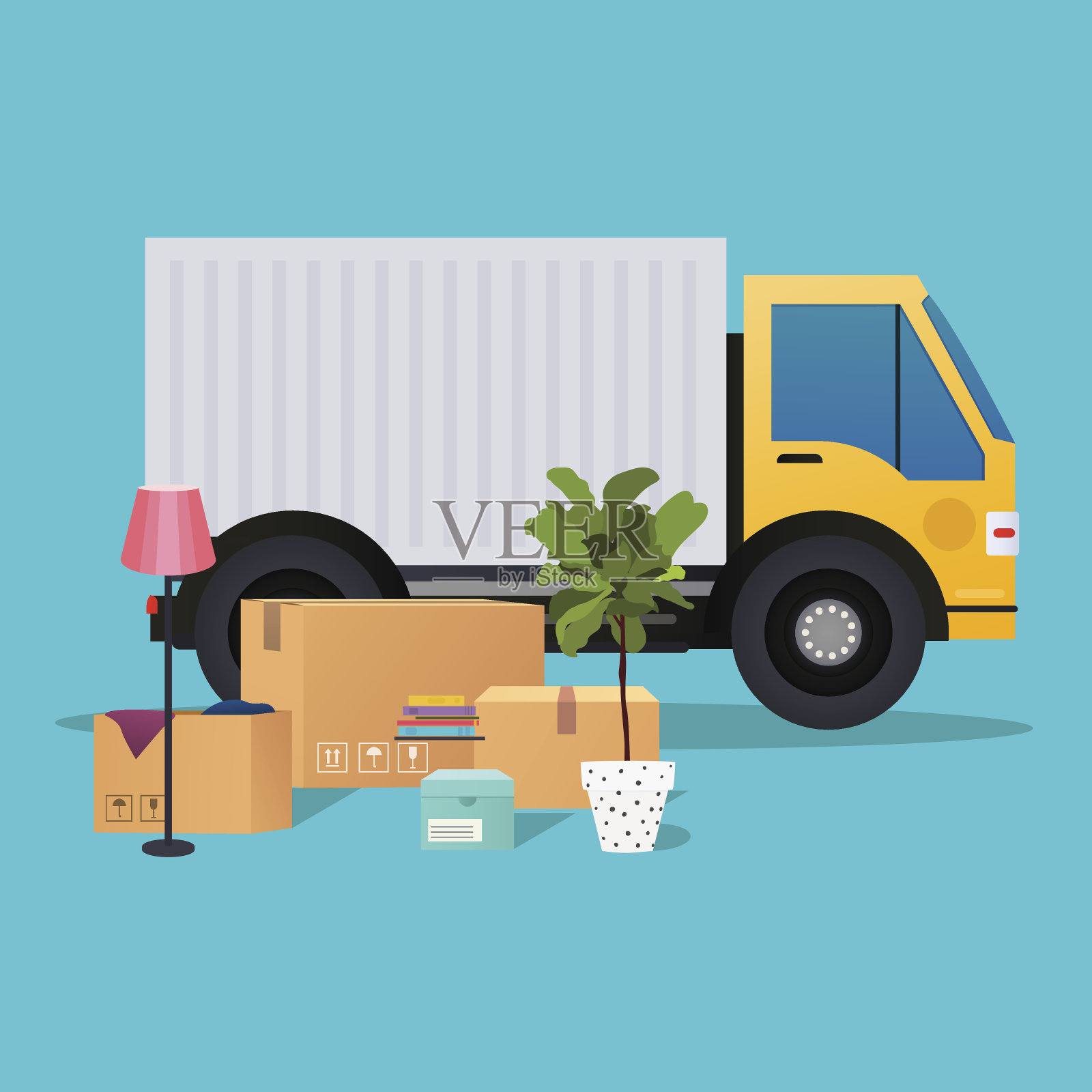 搬运卡车和纸箱。移动的房子。运输伴随矩阵插画图片素材