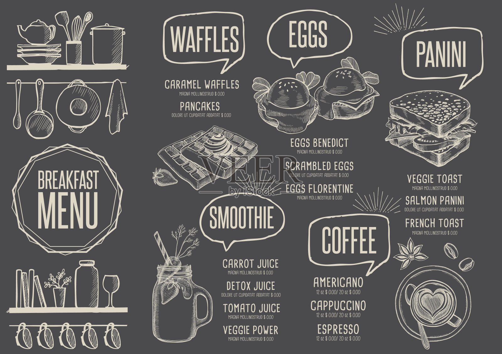 餐厅早餐菜单，食物模板餐垫。设计模板素材