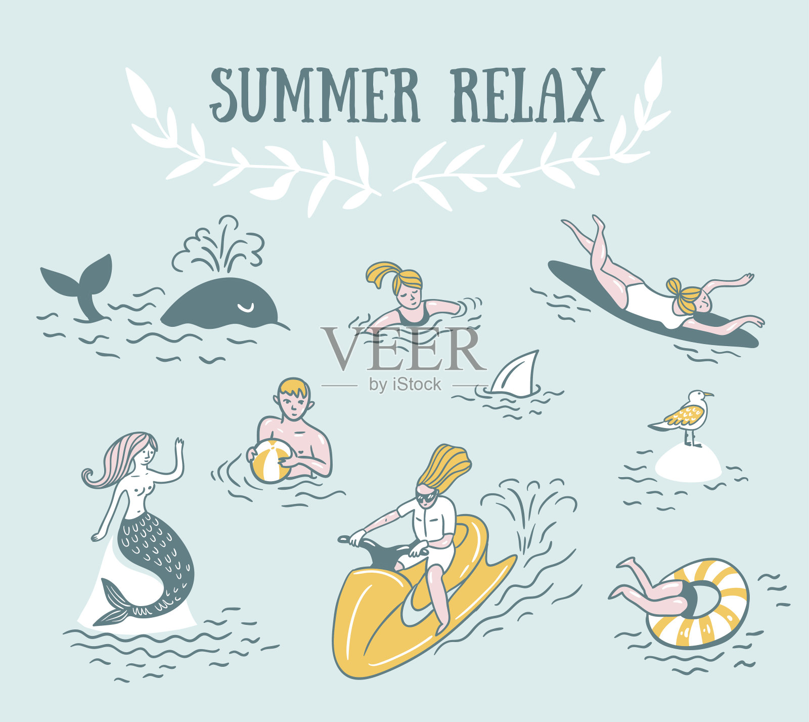 夏季海矢量图。人们积极放松，游泳。插画图片素材