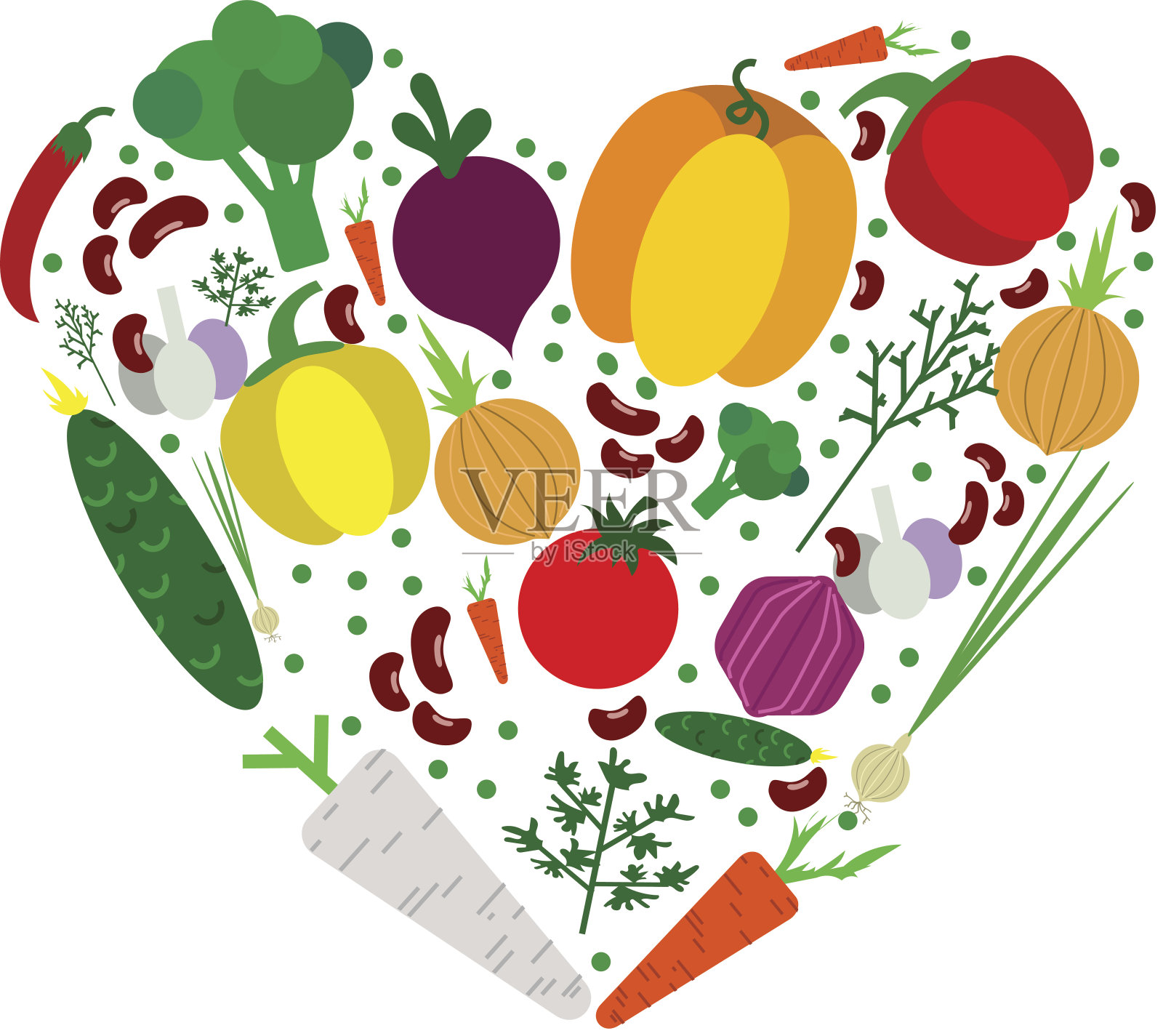 纸蔬菜平风格设置在心脏上的背景插画图片素材
