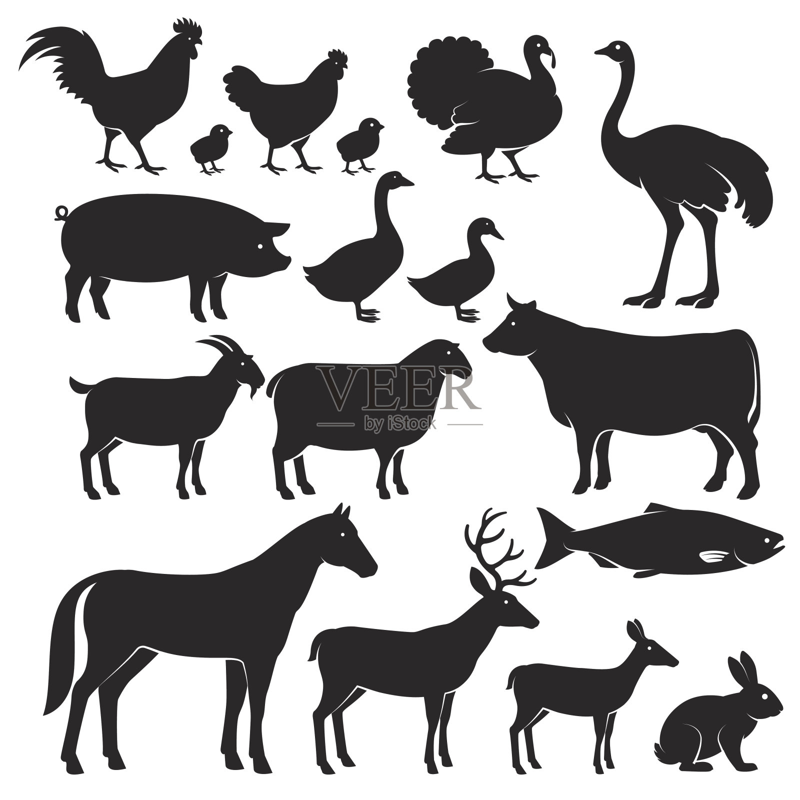 农场动物的剪影图标。图标素材