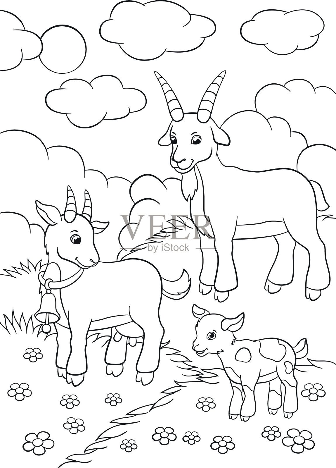 着色页面农场动物山羊的家庭插画图片素材
