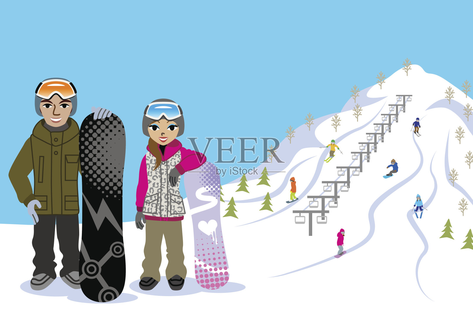 滑雪坡上的一对滑雪板夫妇插画图片素材