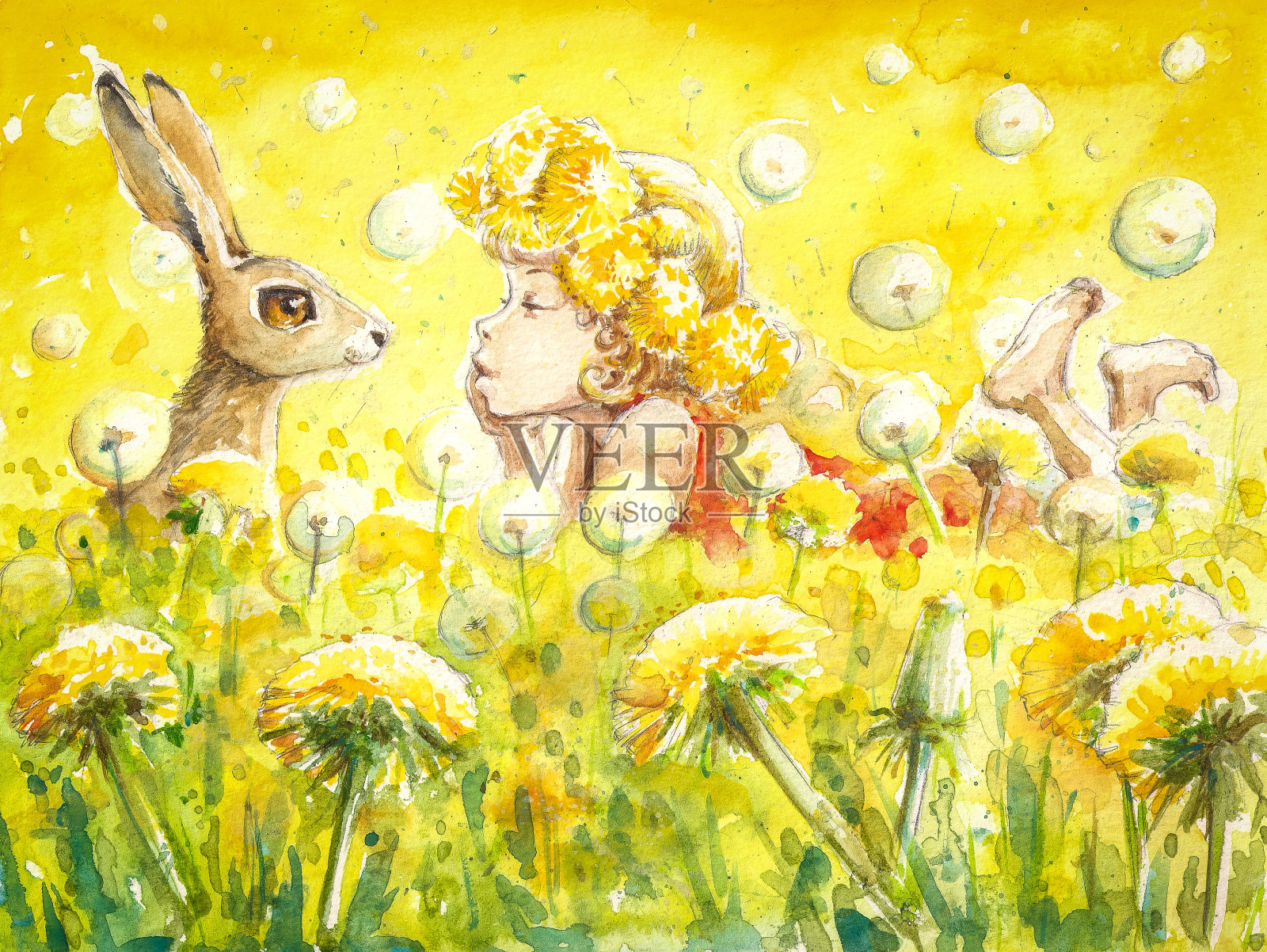 女孩和兔子插画图片素材