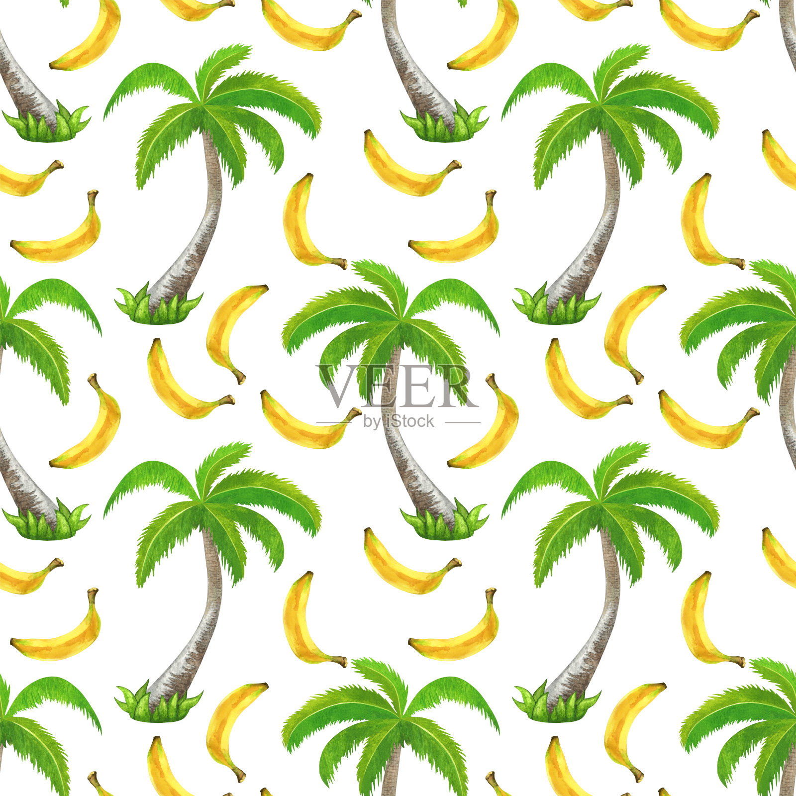 水彩无缝图案与椰子树和香蕉插画图片素材