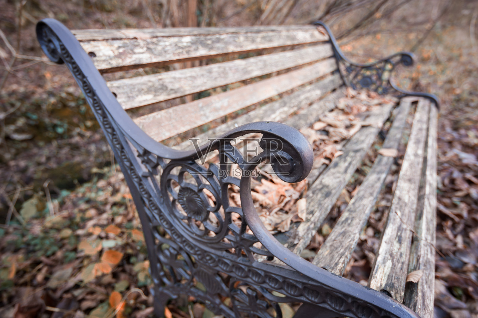秋天公园里的长椅。照片摄影图片
