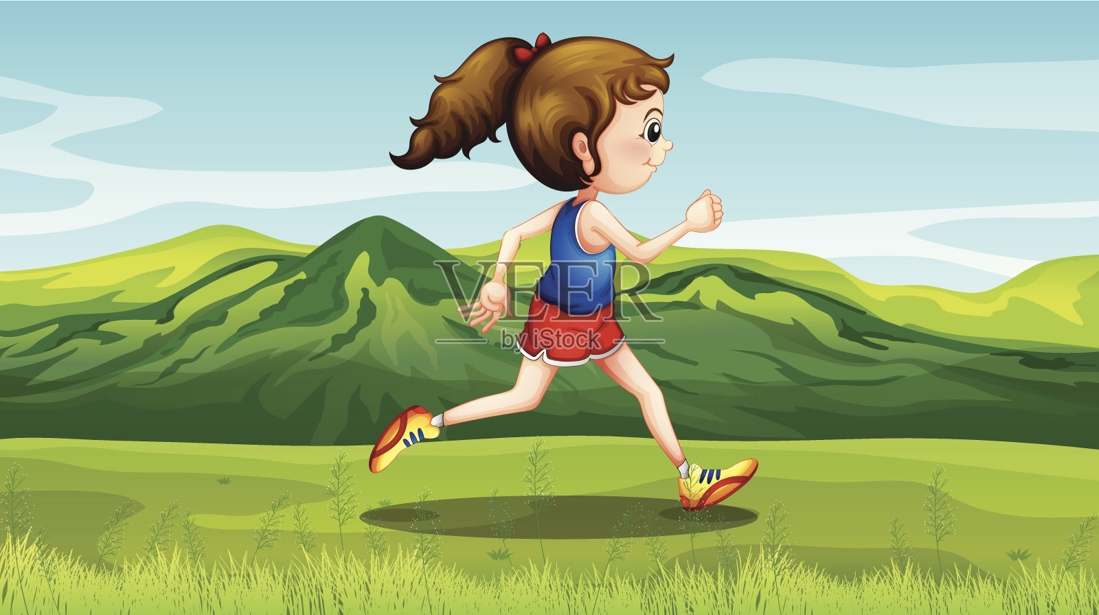 女孩在小山附近慢跑插画图片素材
