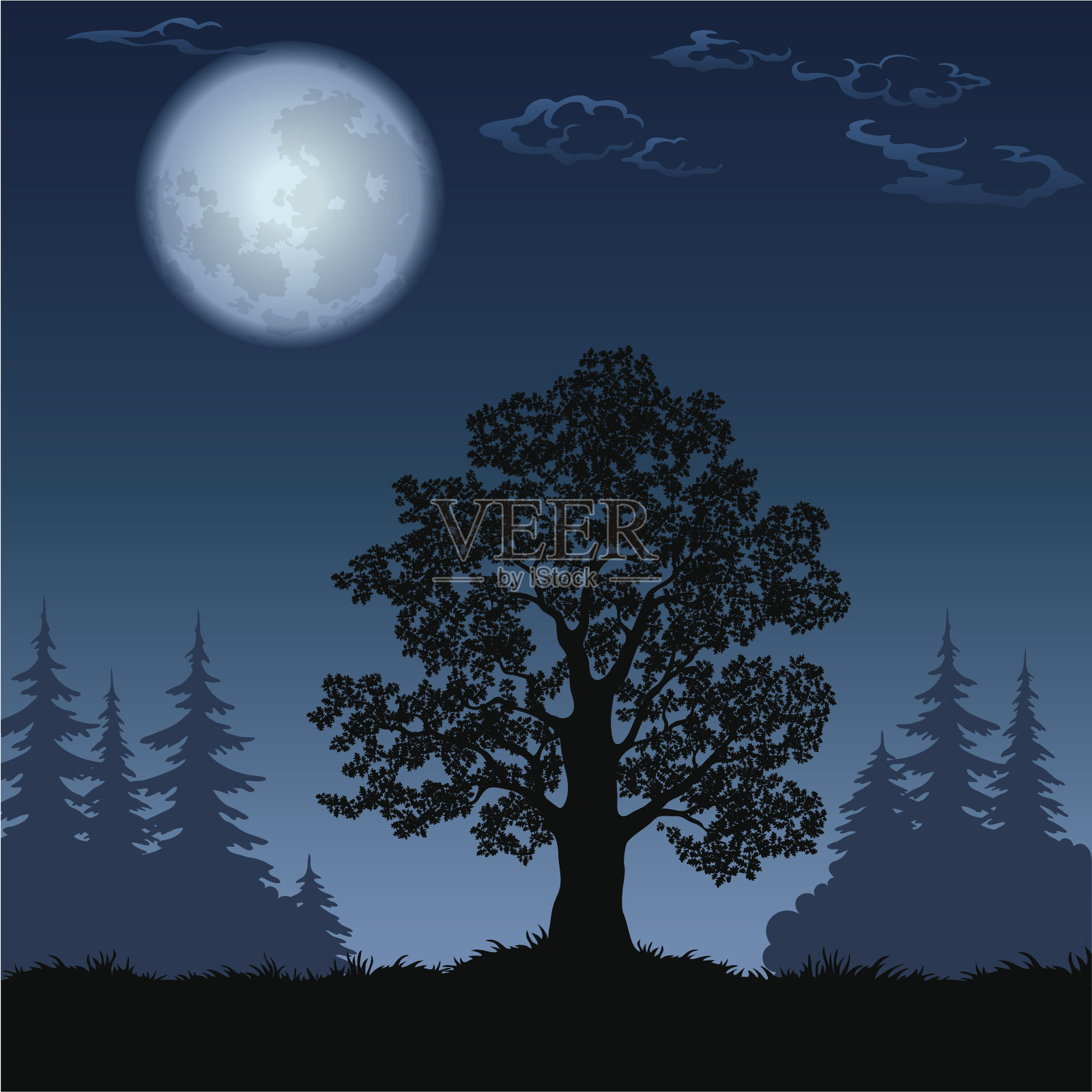 橡树和月亮的景观插画图片素材