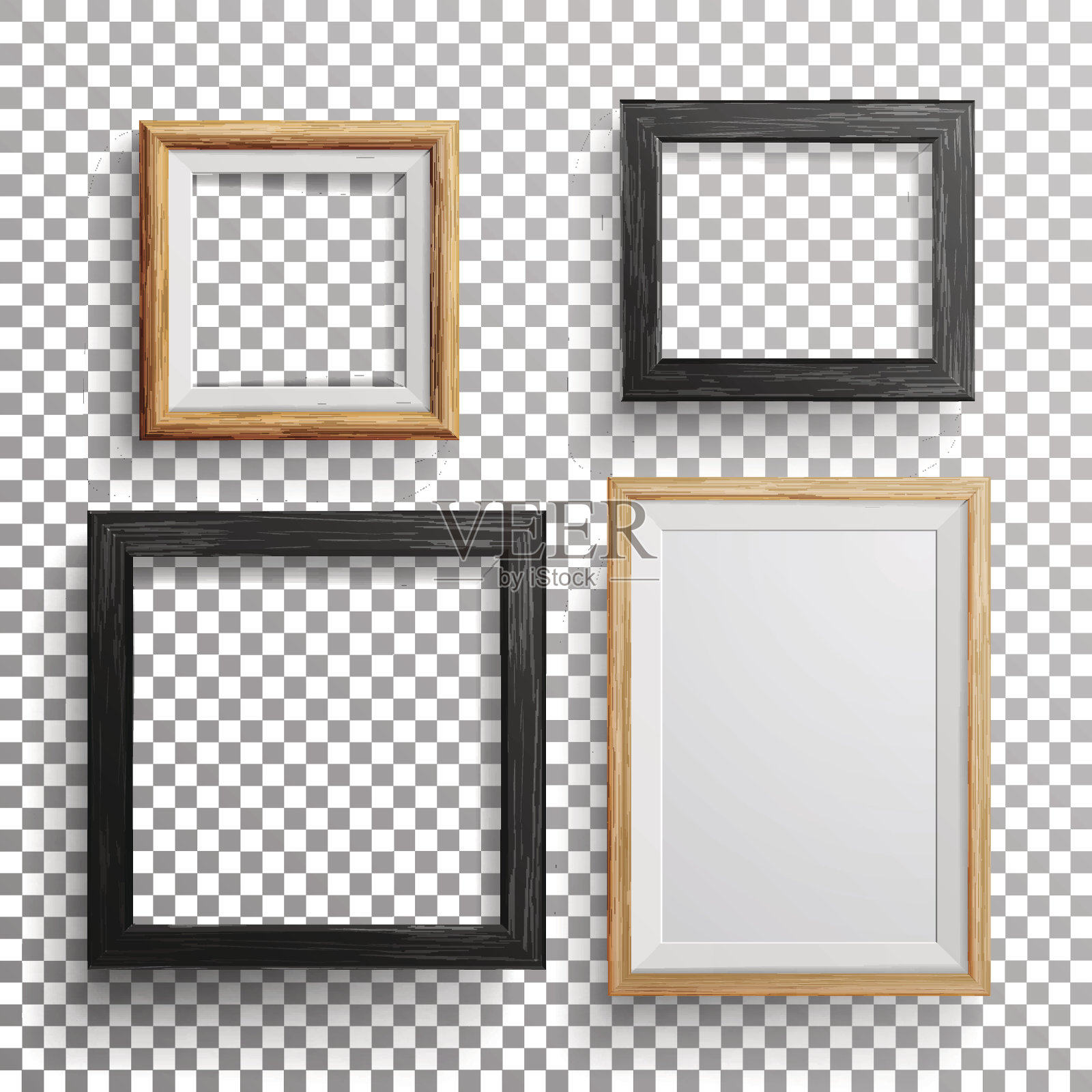 现实的相框向量。3d设置正方形，A3, A4大小轻木空白相框，挂在透明的背景与软透明阴影。设计模板的模拟设计元素图片