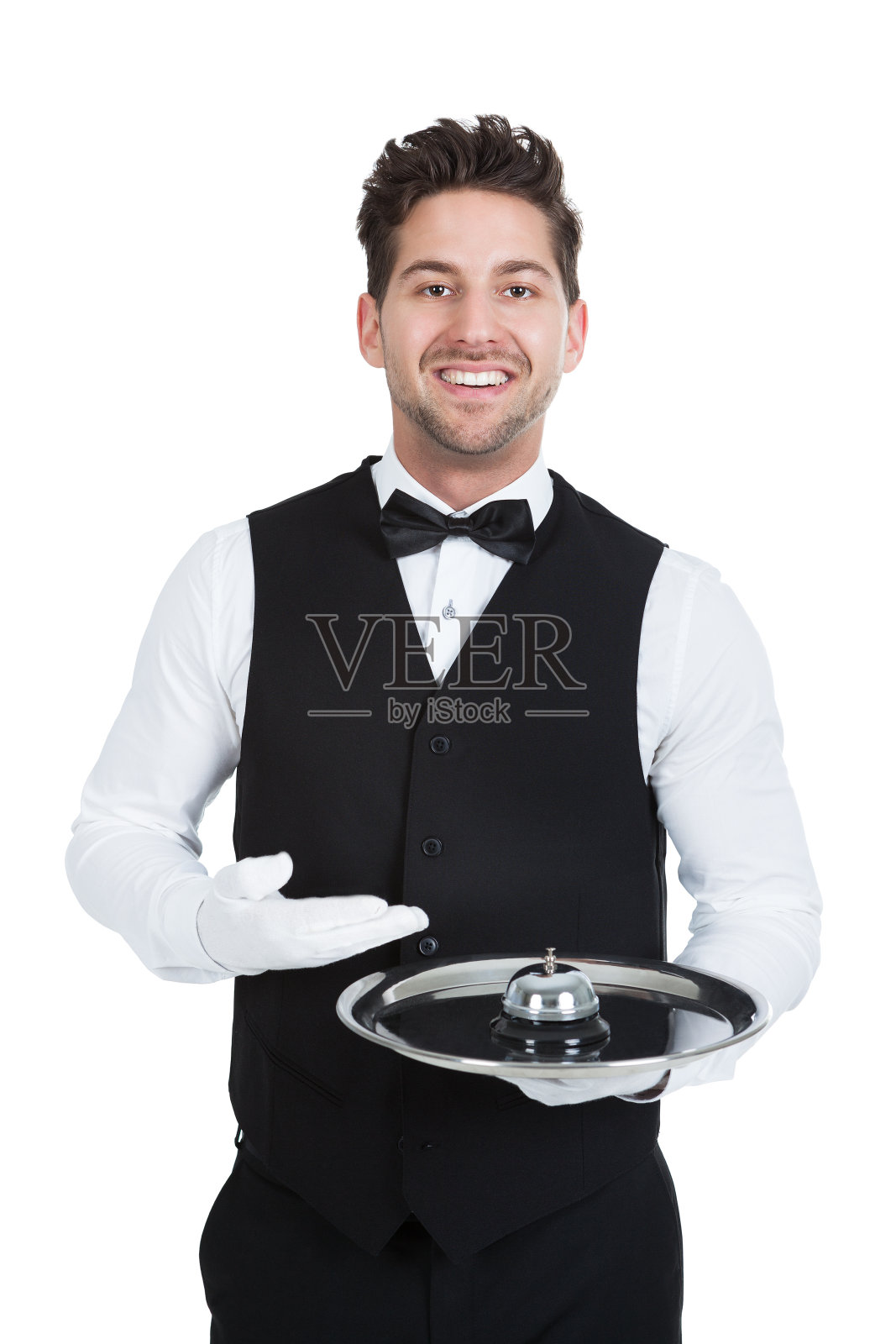微笑的年轻服务员拿着空的服务托盘照片摄影图片_ID:160901901-Veer图库