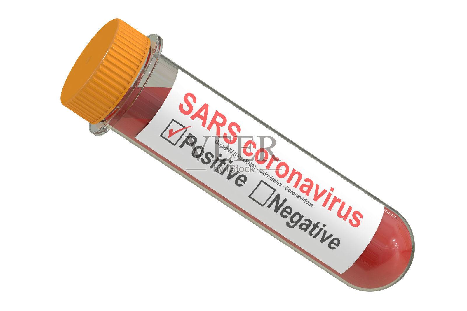试管血液样本SARS冠状病毒阳性，3D渲染照片摄影图片