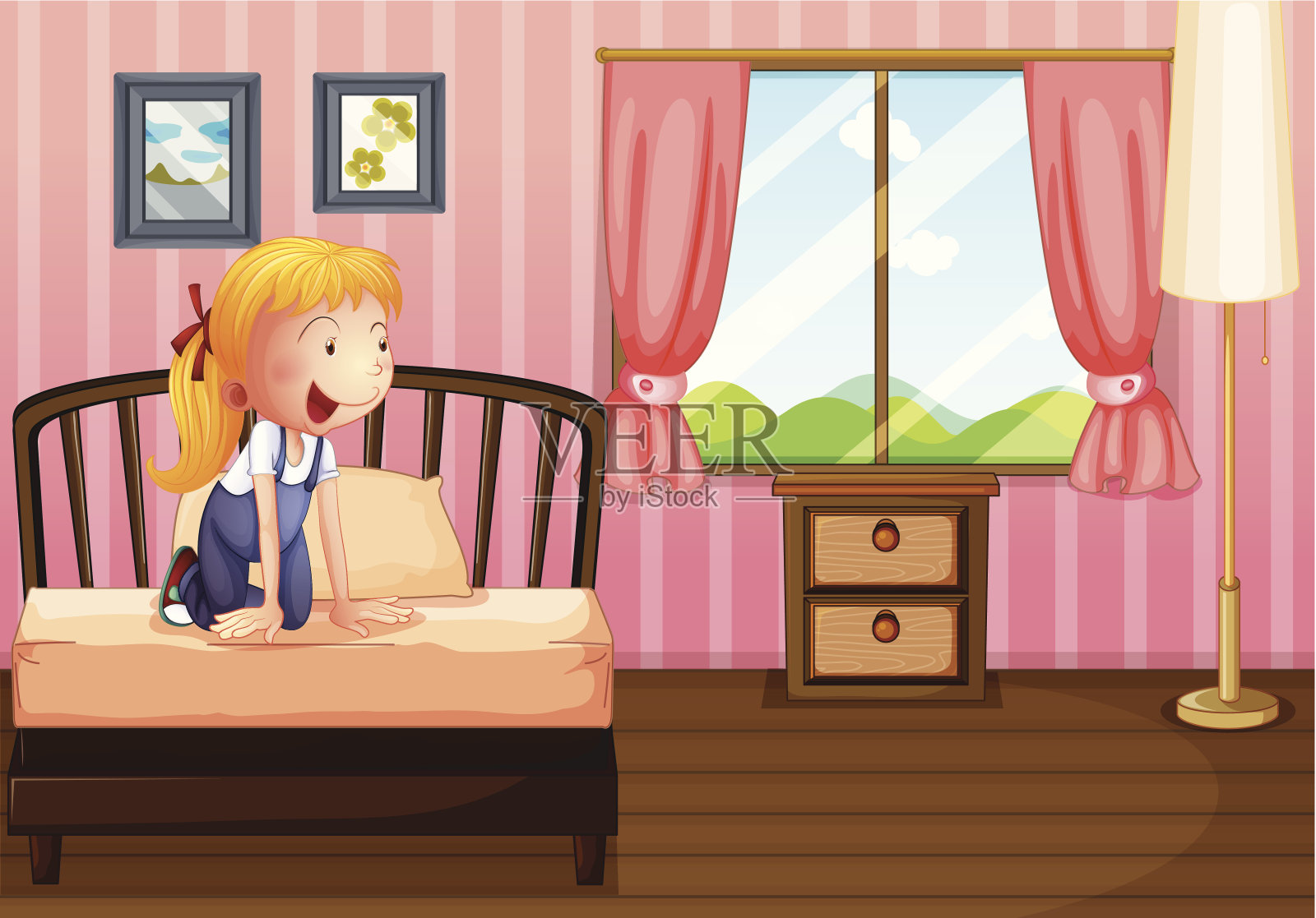 孩子在她干净的卧室里插画图片素材