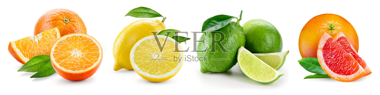 果实成分与叶子孤立在白色背景上。橘子，柠檬，青柠，柚子。收集。照片摄影图片