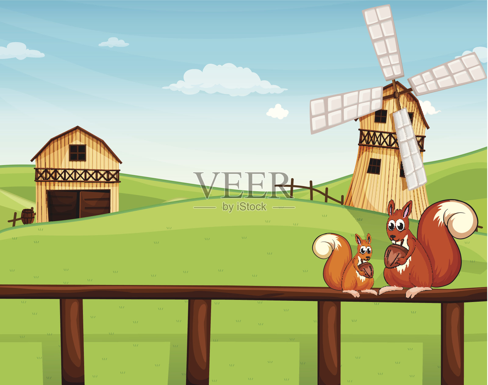 两只松鼠在谷仓围栏上方插画图片素材