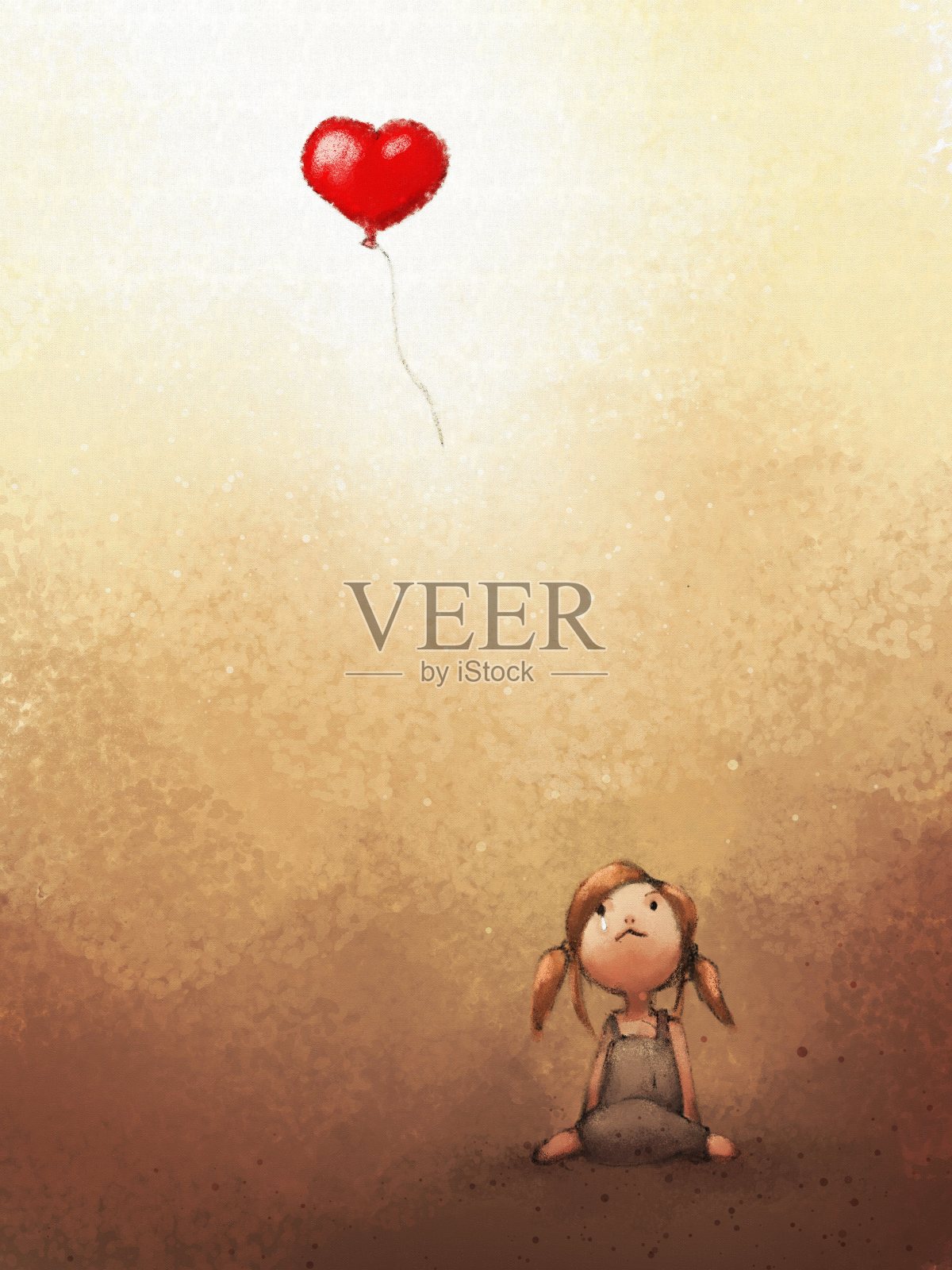 伤心女孩失去心脏气球的数码画插画图片素材