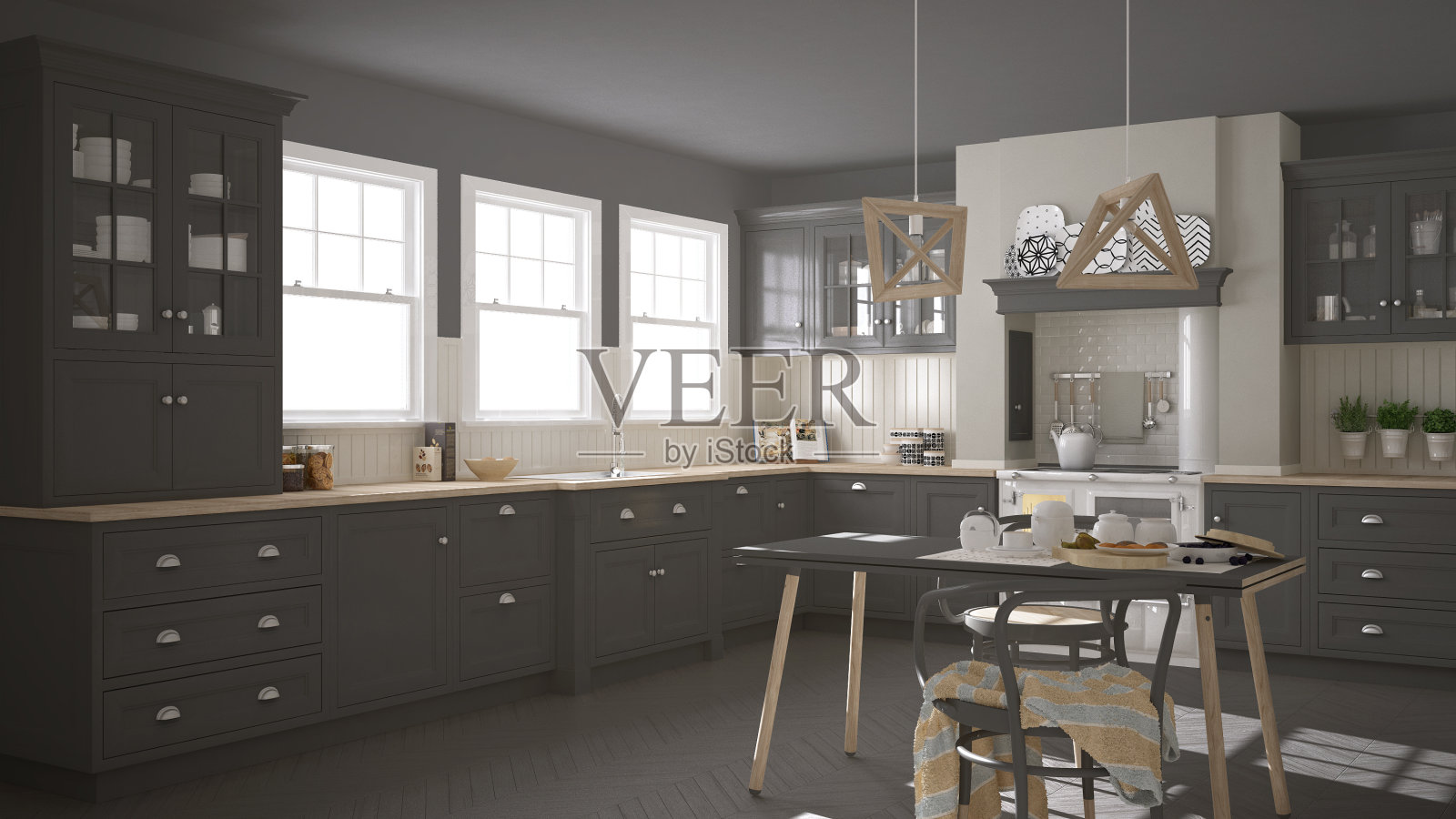 斯堪的纳维亚经典的灰色厨房与木制的细节，简约的室内设计照片摄影图片