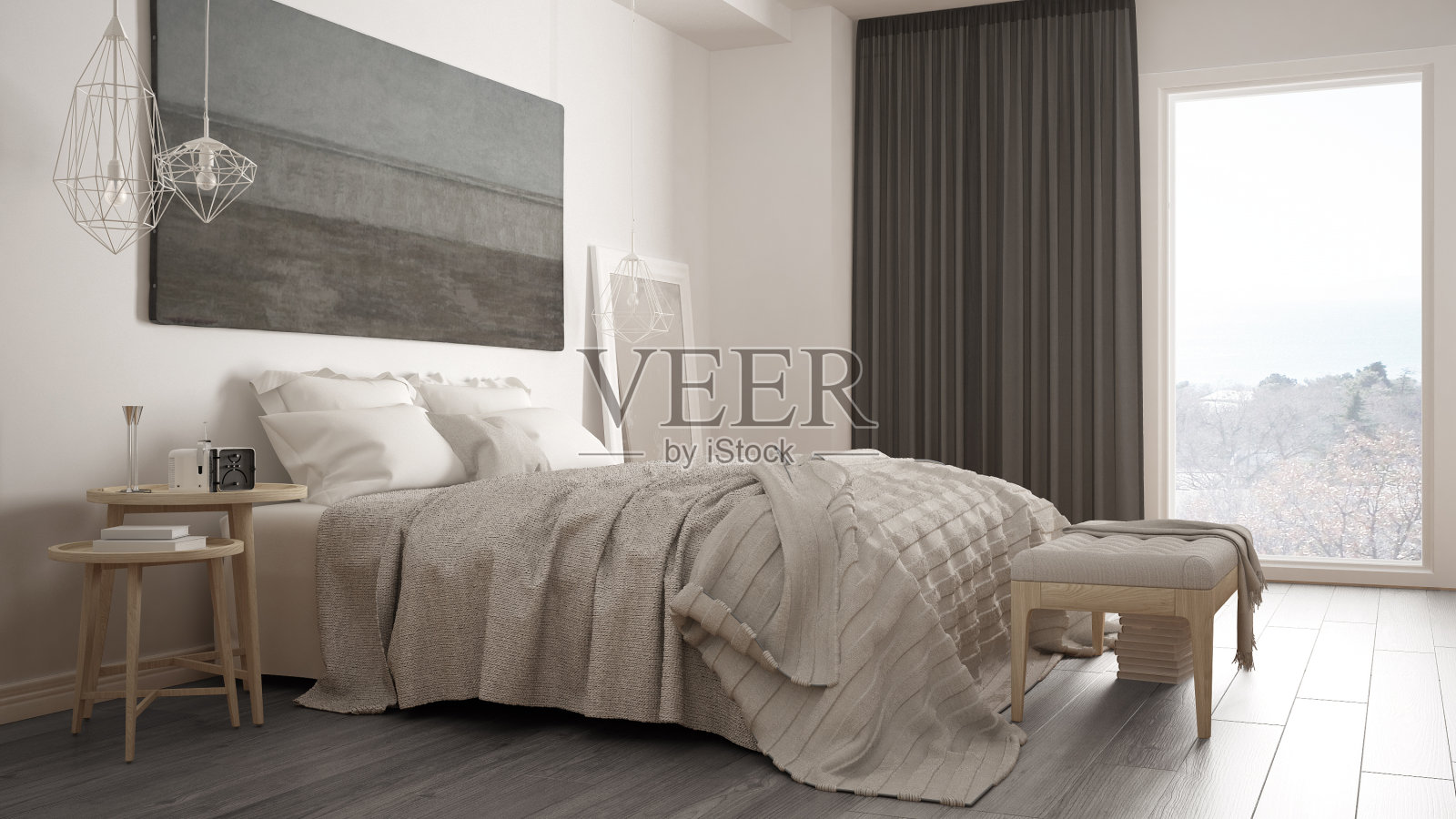经典的卧室，斯堪的纳维亚现代风格，简约的室内设计照片摄影图片