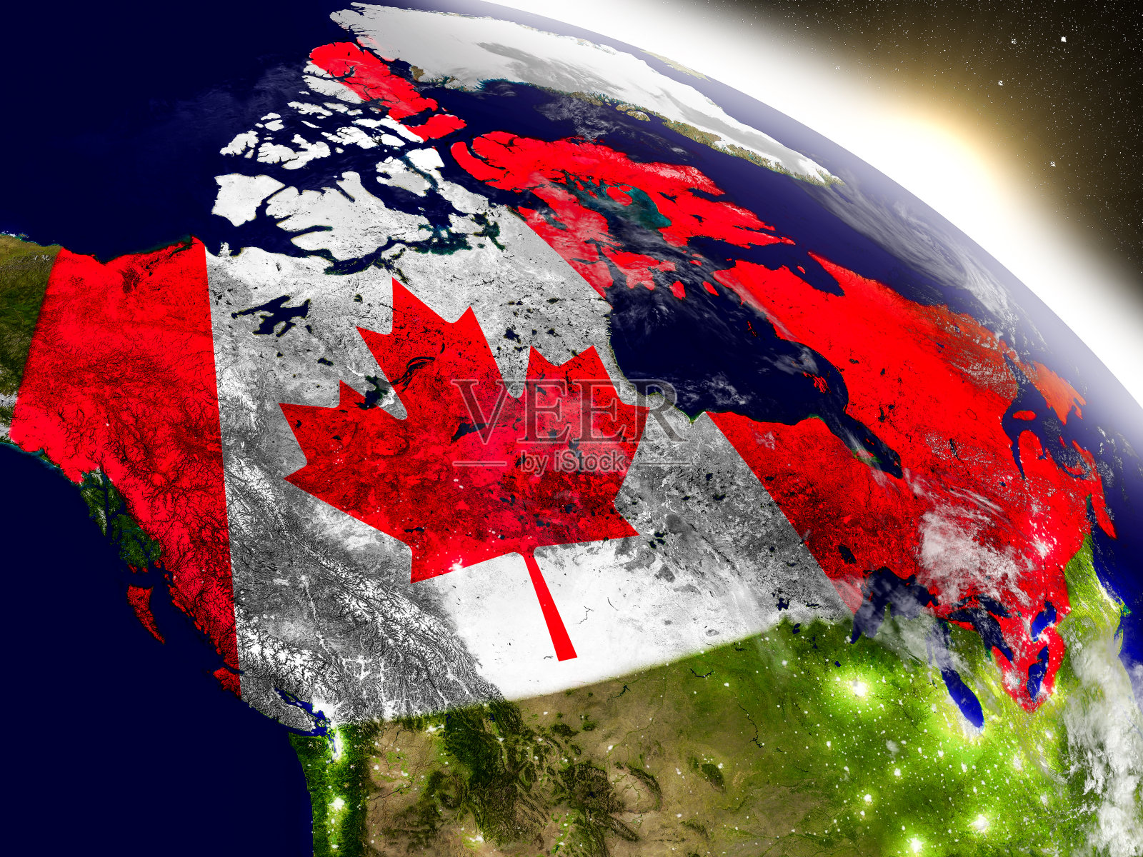 冉冉升起的朝阳中飘扬着国旗的加拿大照片摄影图片