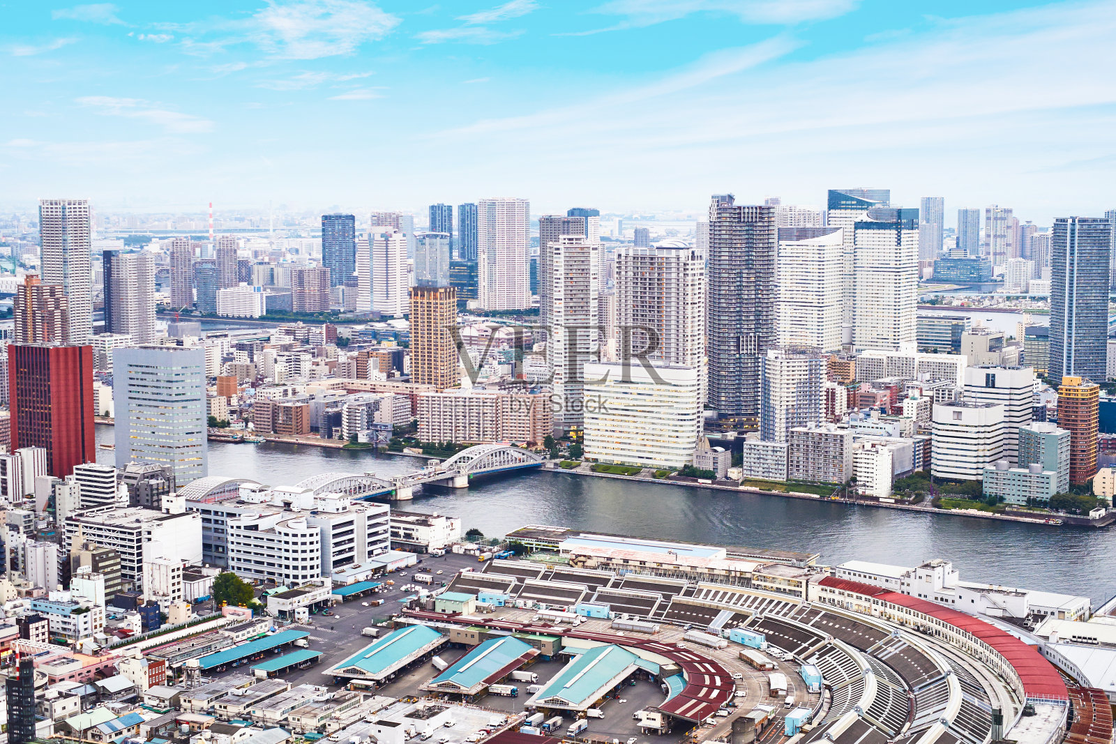 亚洲地产经营理念-现代都市全景建筑鸟瞰日本东京日出下的台场湾和虹桥蓝天照片摄影图片