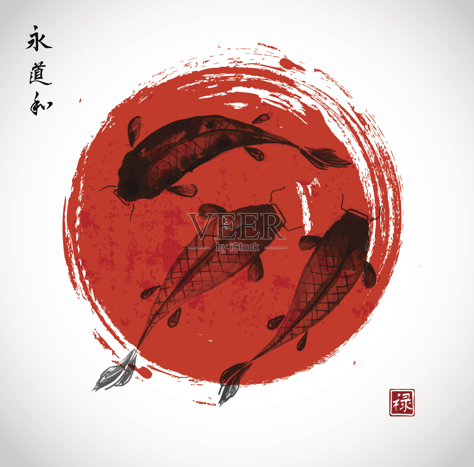 日本风格的红色和黑色锦鲤插画图片素材