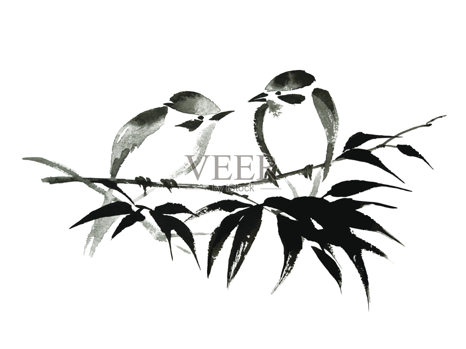 竹上两只鸟的水墨插图。烟灰墨的风格。设计元素图片