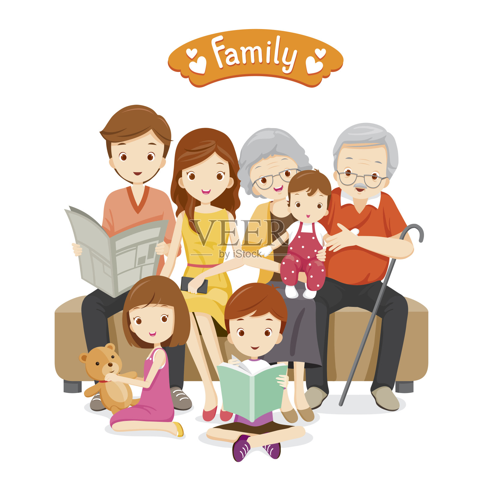 坐在沙发和地板上的幸福家庭插画图片素材