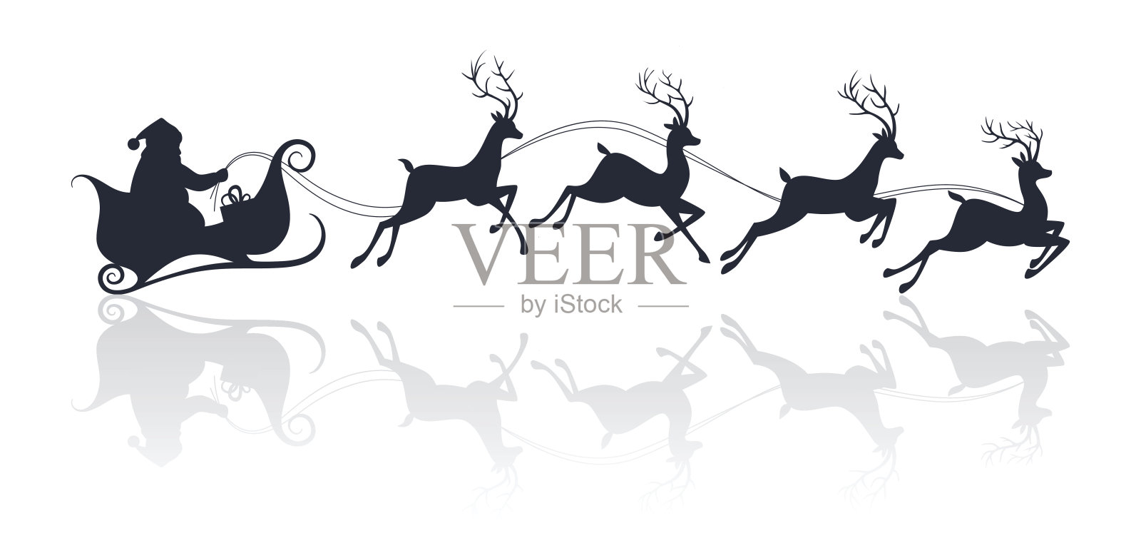 圣诞老人的剪影骑着雪橇与鹿插画图片素材