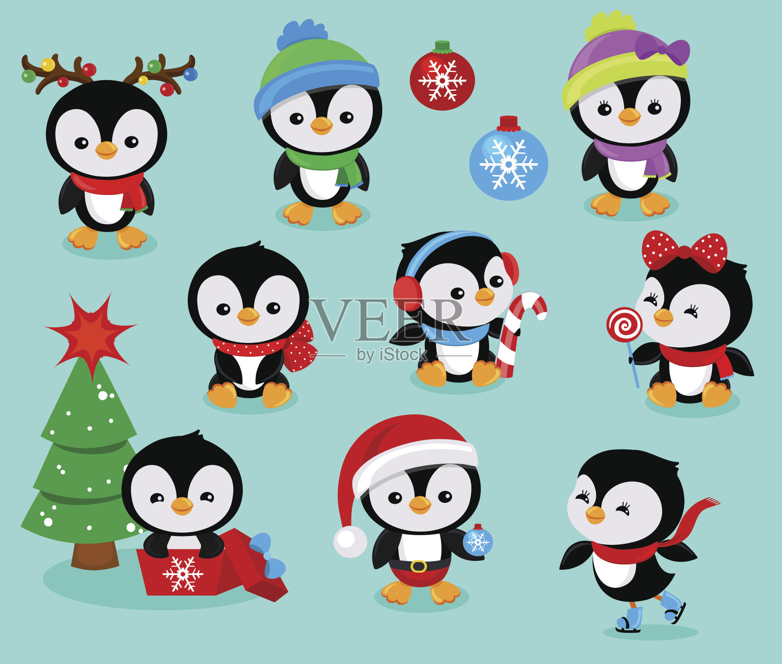 收集可爱的圣诞企鹅孩子。矢量图插画图片素材