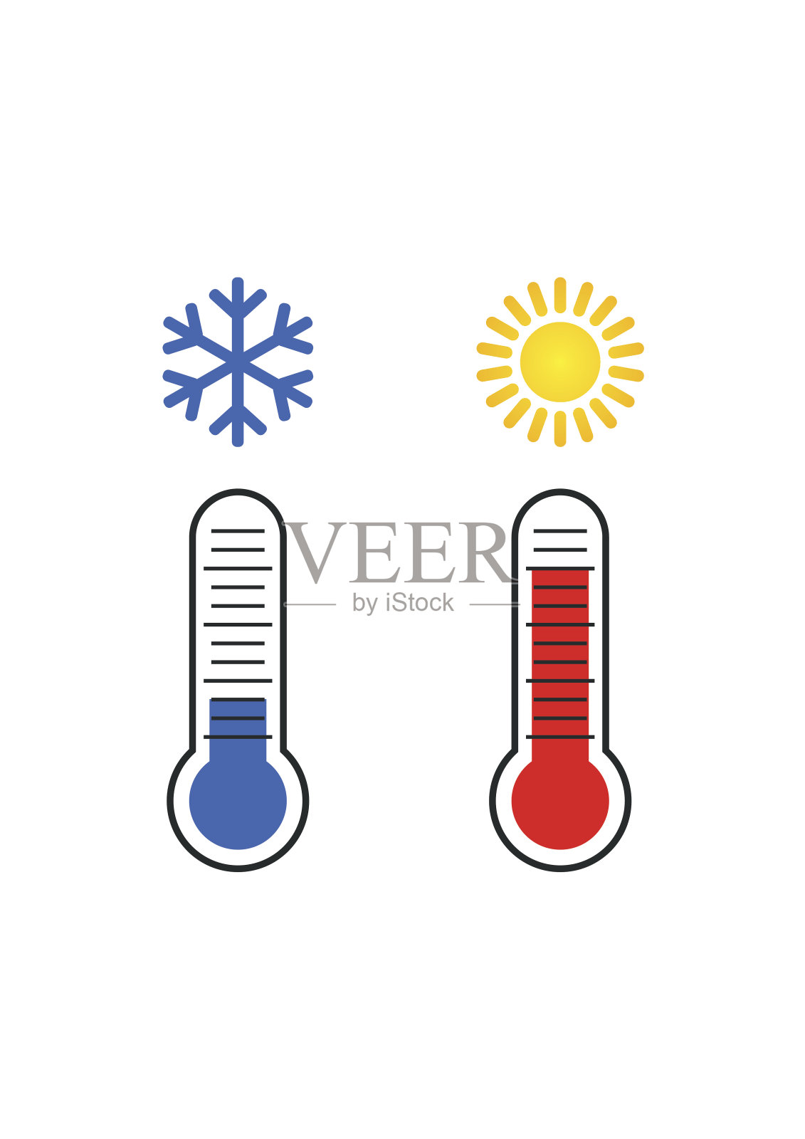 温度计测量热和冷，与太阳，雪花图标。插画图片素材