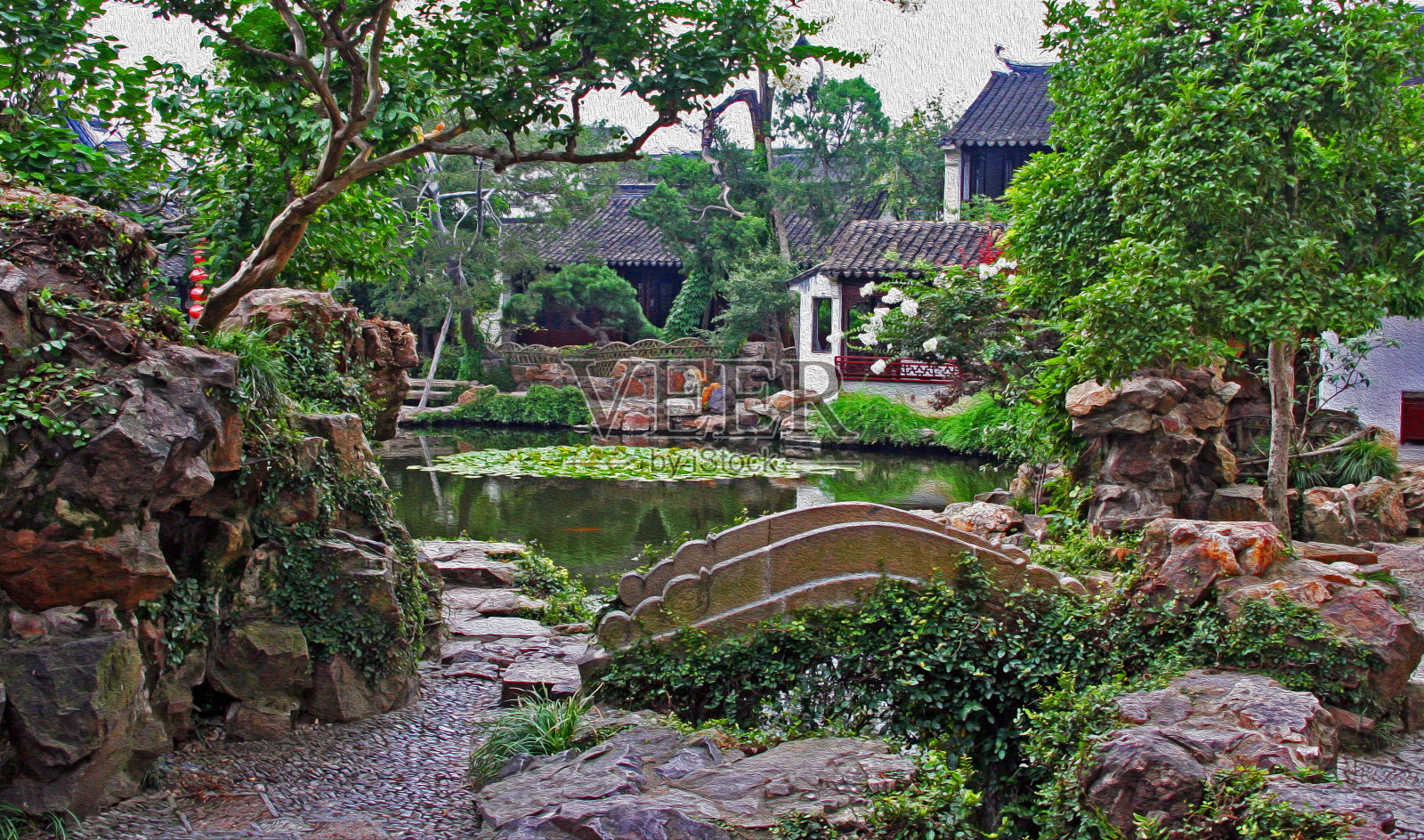 苏州花园近上海，中国油画风格化照片摄影图片