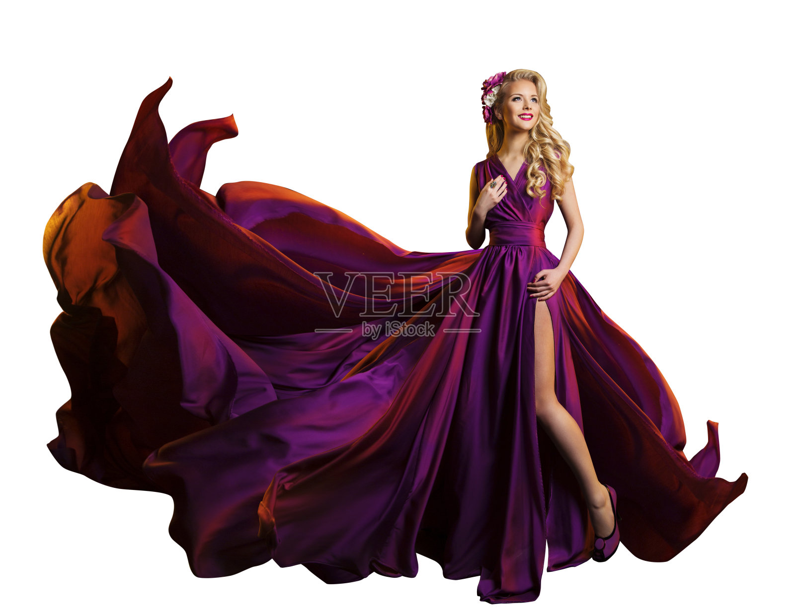 女装飞行面料，美丽的时装模特，紫色长袍白色照片摄影图片