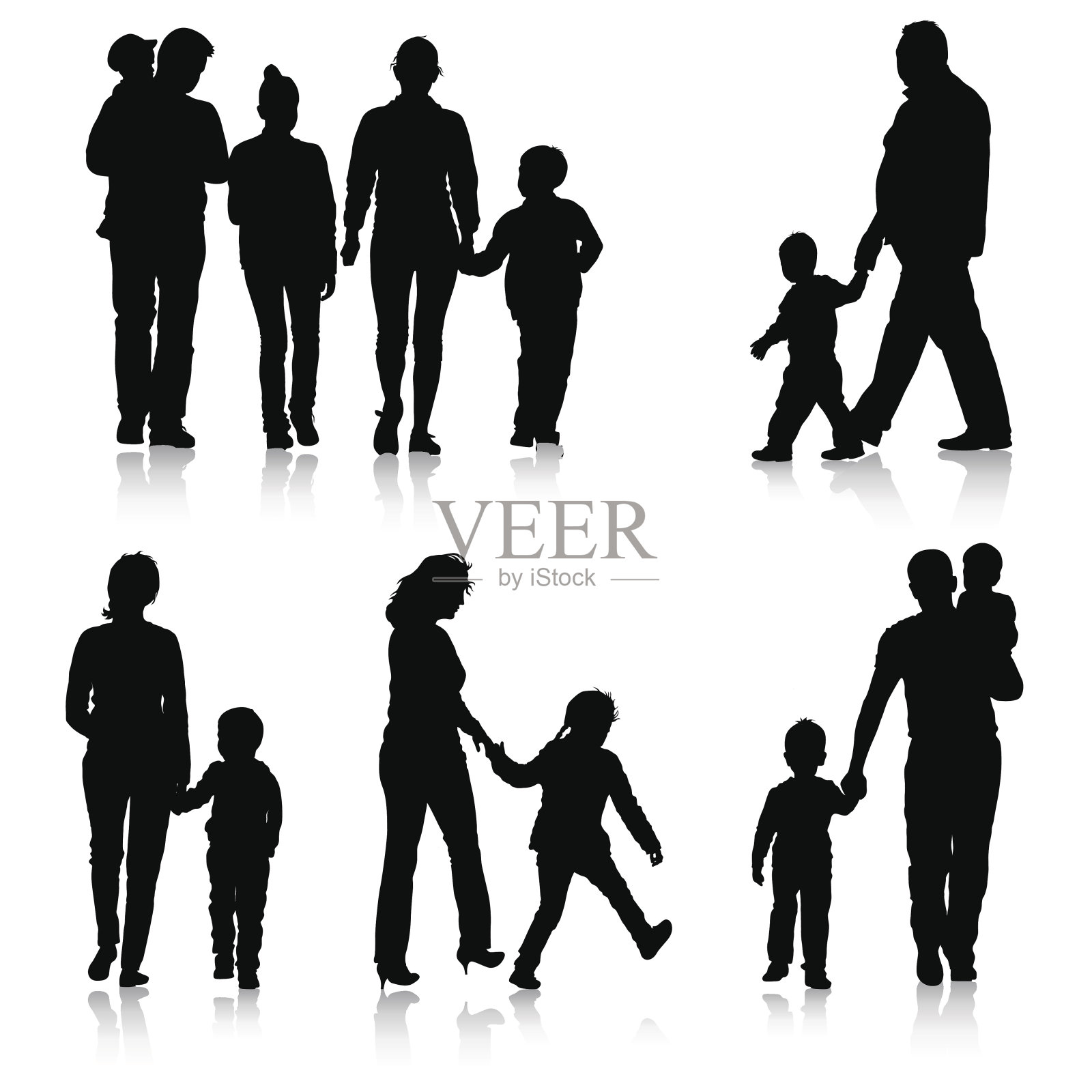 黑色剪影的家庭在白色的背景。向量插画图片素材