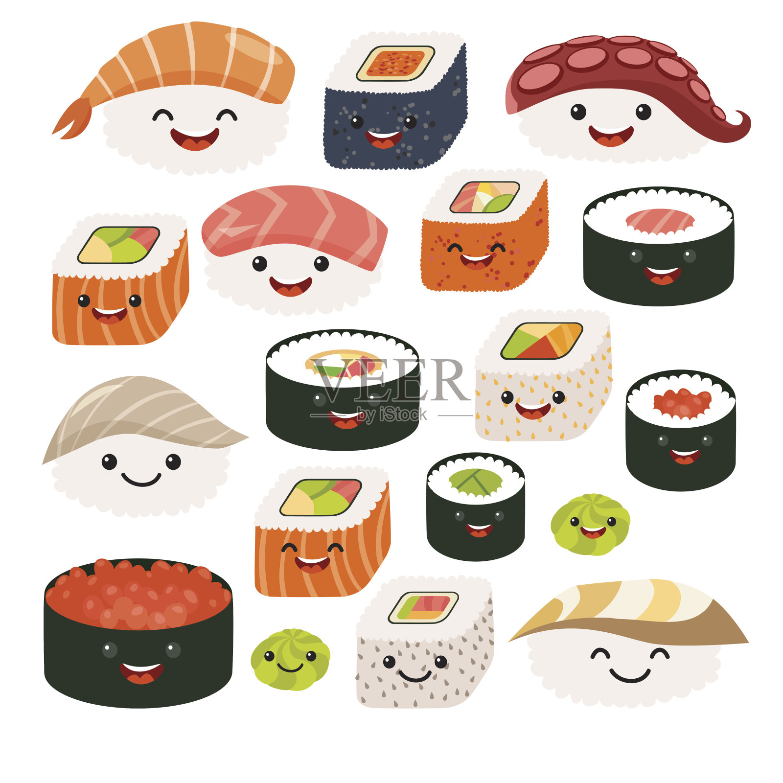Emoji寿司字符。卡通日本食品。向量组感觉插画图片素材