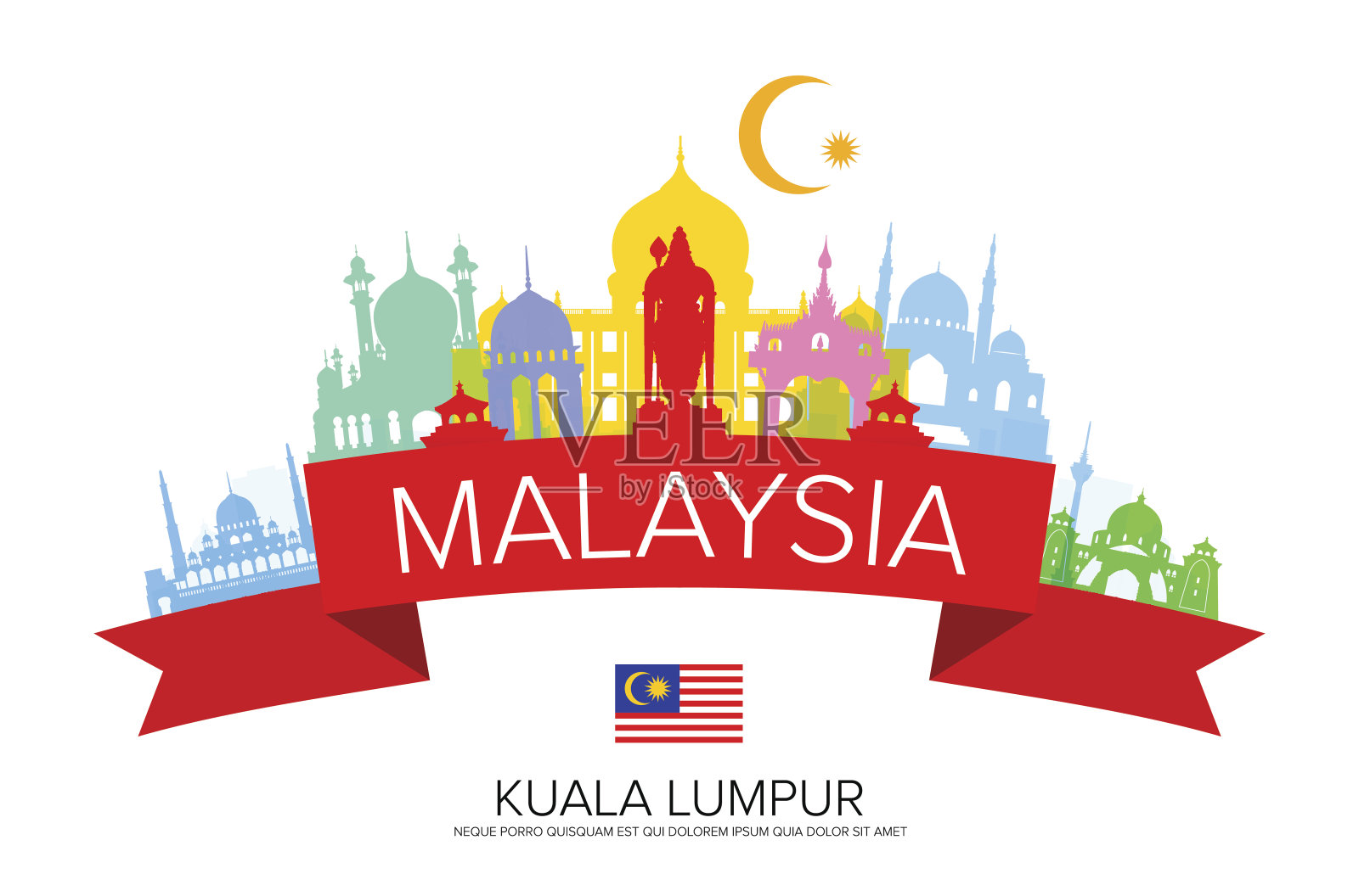 马来西亚旅游地标和旗帜。插画图片素材
