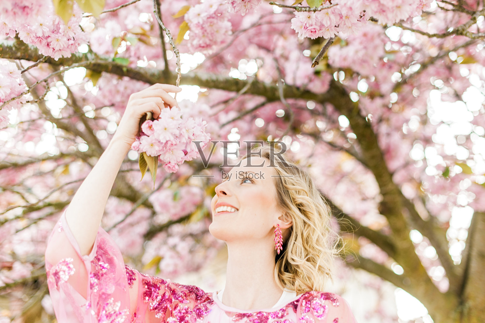 在公园里，一个女人在粉红色的花树旁照片摄影图片