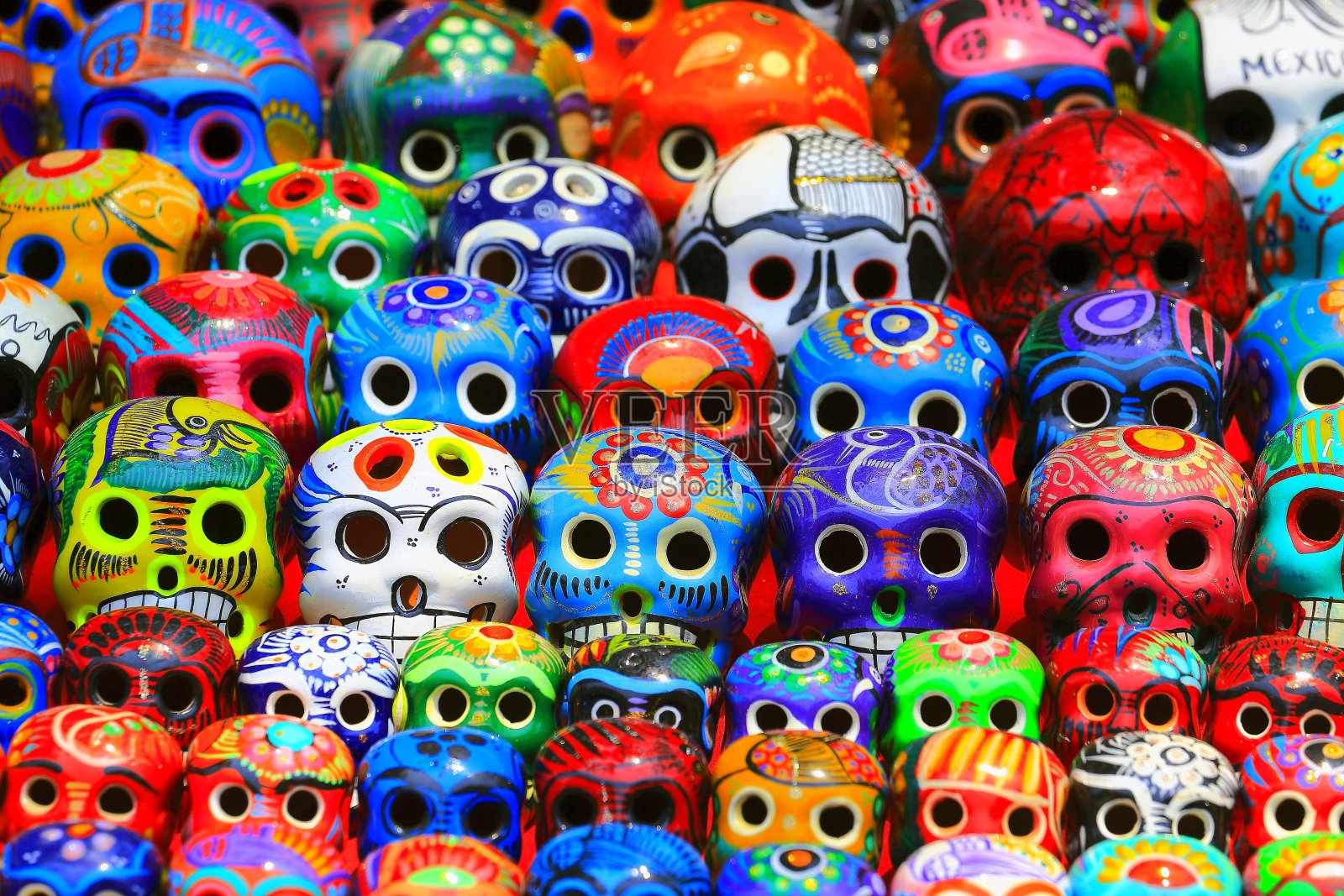 Día de Muertos:墨西哥卡拉维拉斯，头骨图案，墨西哥城文化照片摄影图片
