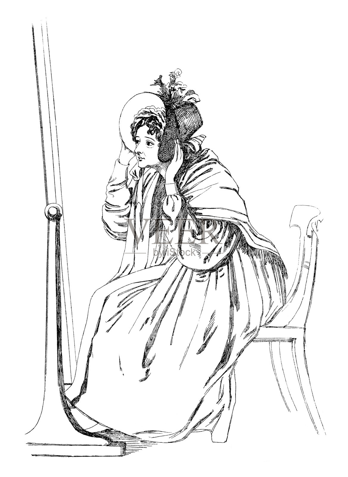 维多利亚时代的女人照镜子插画图片素材
