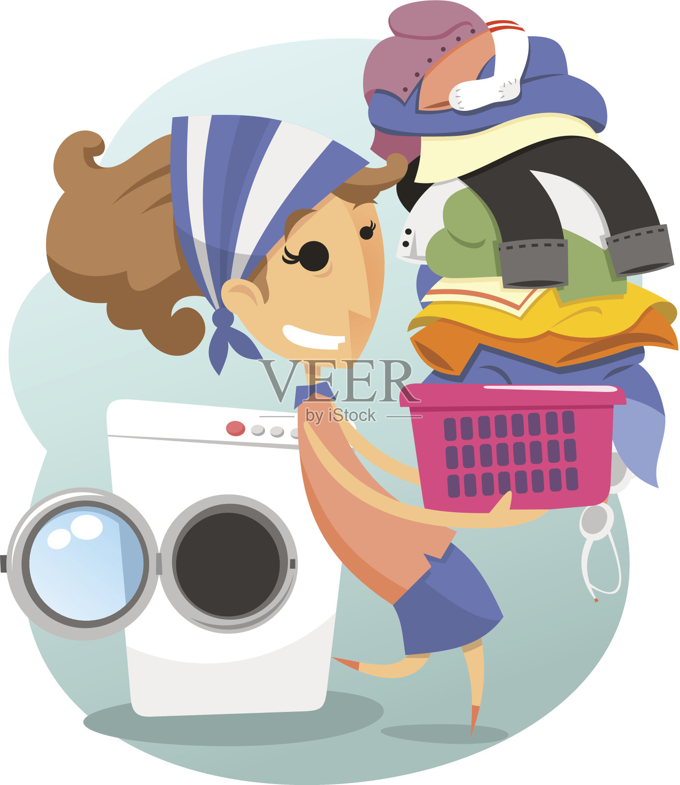 洗衣妇在家里的自助洗衣店洗衣服插画图片素材