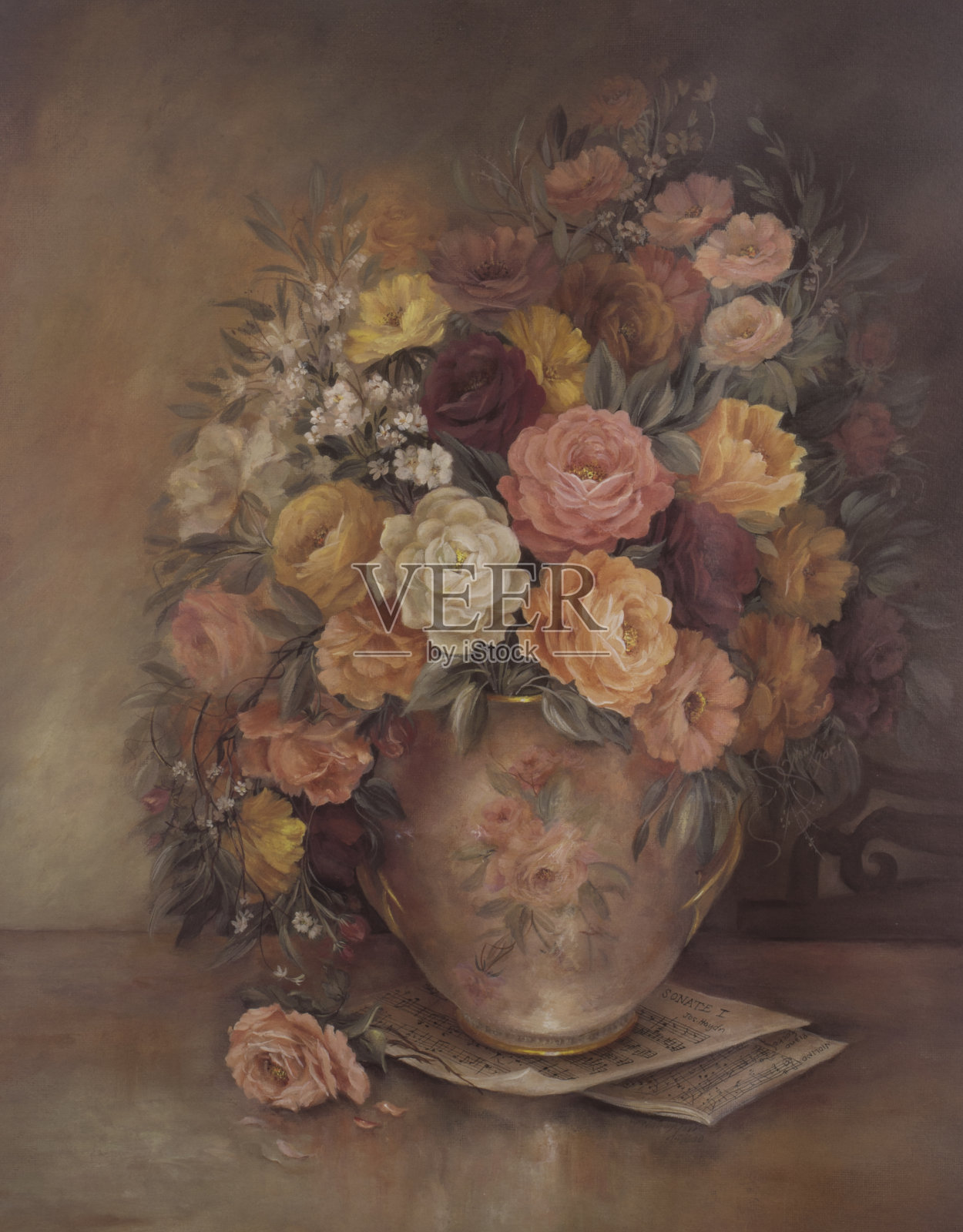 维多利亚风格原始油画花瓶中的花插画图片素材