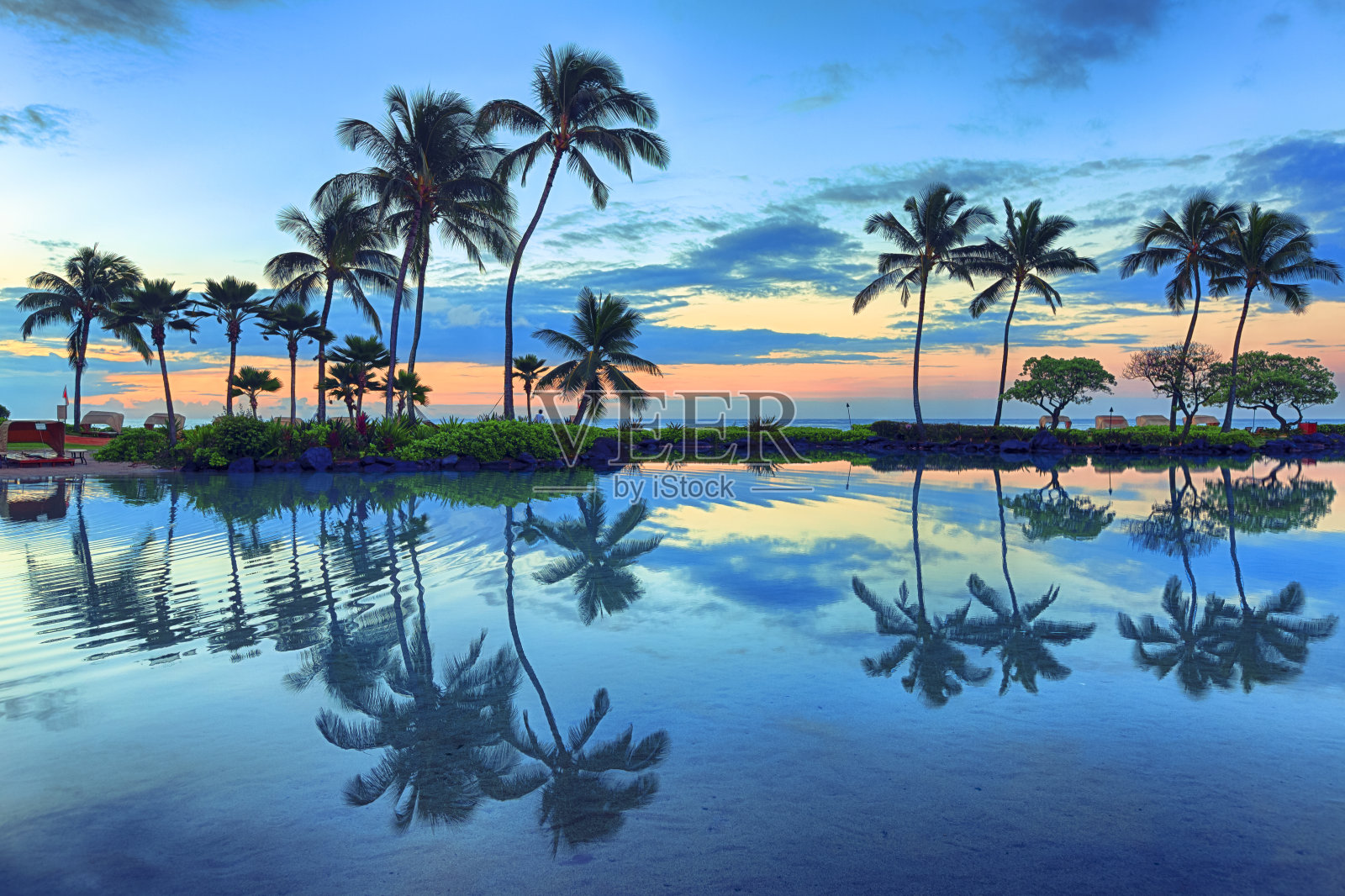 夏威夷考艾岛棕榈树后的日出照片摄影图片