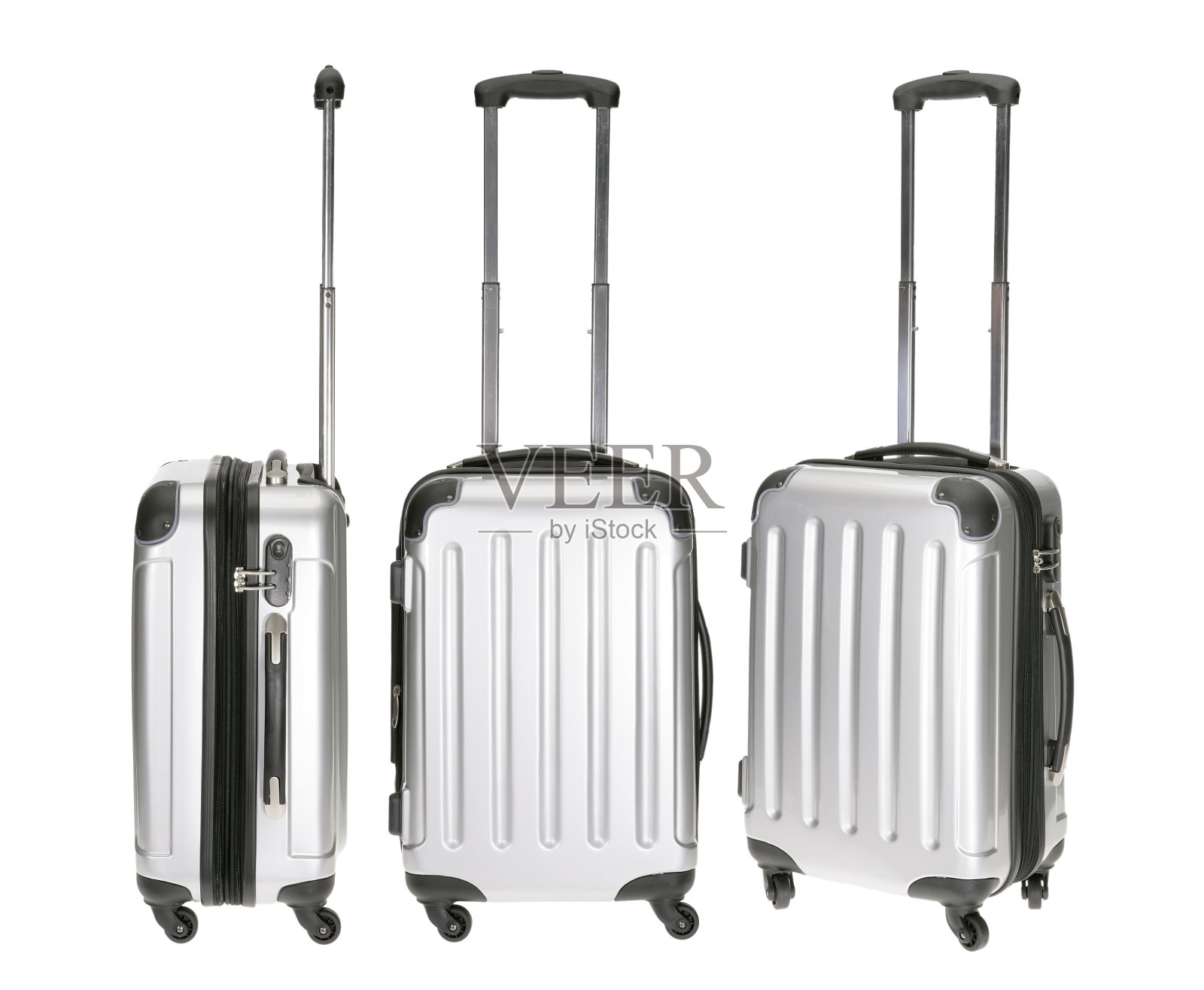 银色金属行李正面和侧面上的白色背景照片摄影图片