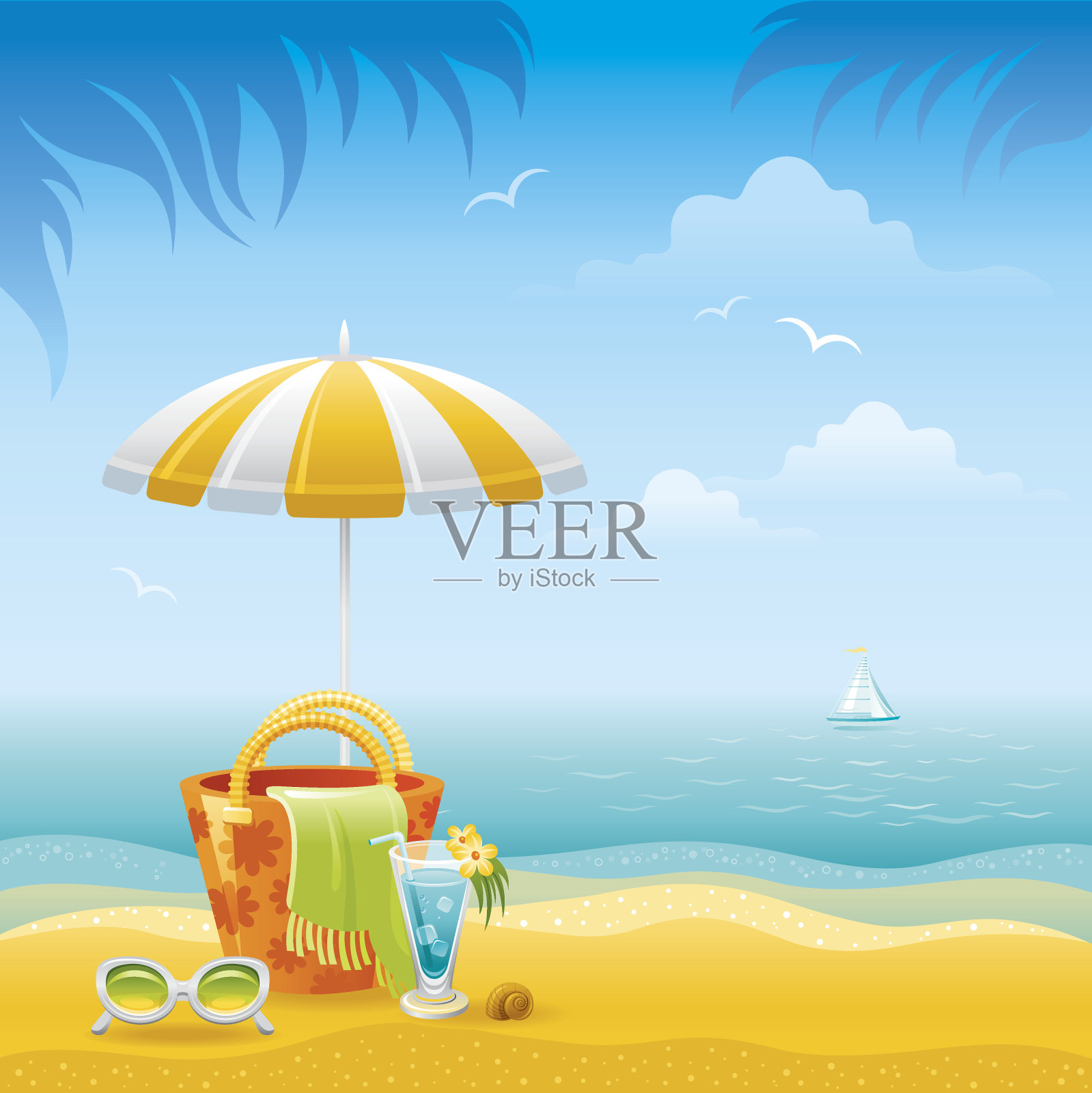 海滩景观与伞，包，太阳镜和鸡尾酒插画图片素材